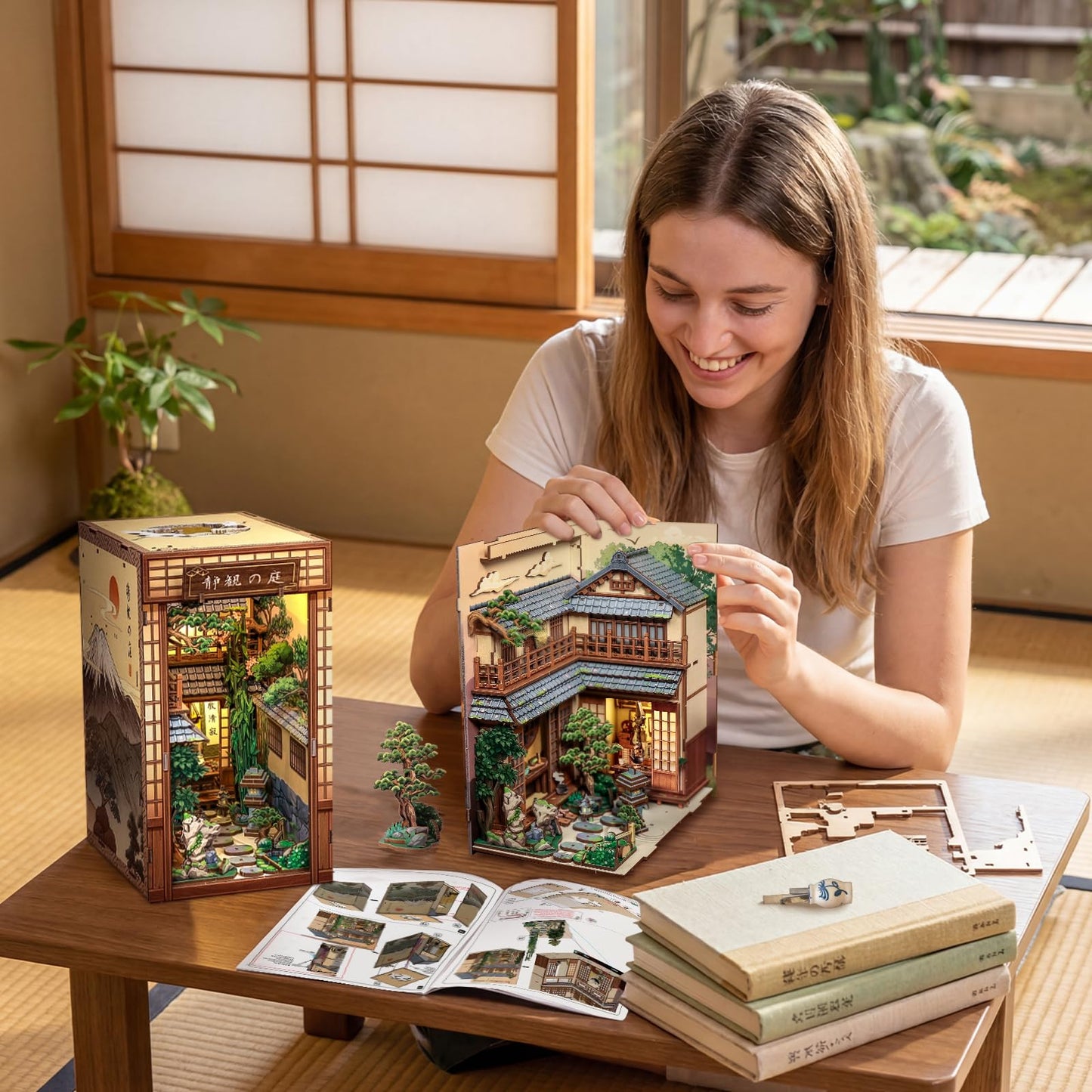 CUTEBEE Book Nook Kit – DIY Miniature House Kit for Adults, Serene Courtyard Japanese Zen Booknook, 3D Wooden Puzzle Bookshelf Insert, Dollhouse Bookend Decor Gift for Adults Teens(Serene Courtyard)