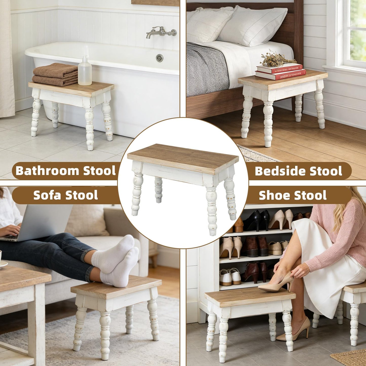 JUMBO DECOR Farmhouse Wooden Step Stool, Solid Wood Step Stool for Kids Adults, Plant Stand Indoor Decor, Portable and Sturdy Versatile Foot Stools for Bathroom, Bedroom, Office, Kitchen (Rectangle)