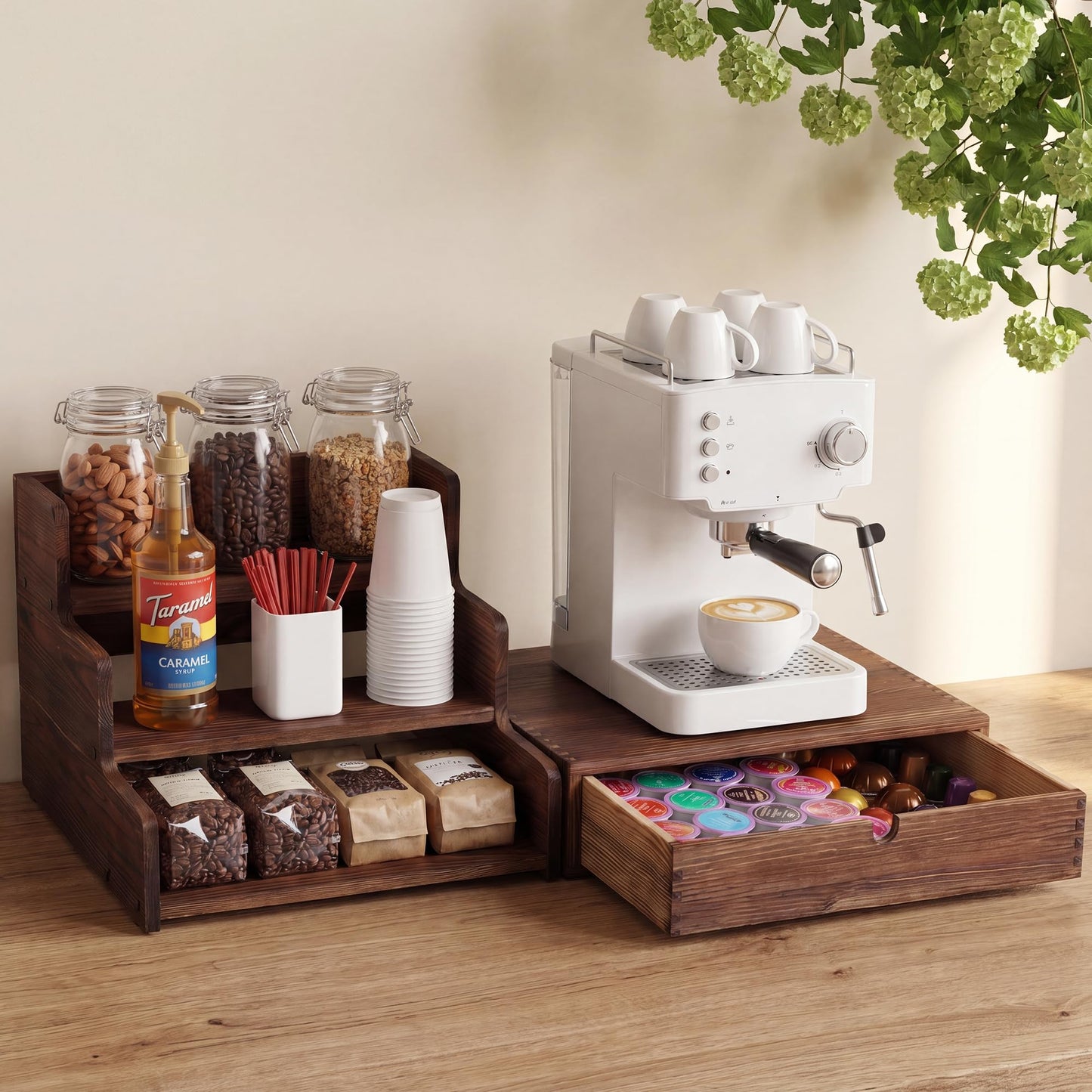 Wooden Coffee Station Organizer with K Cup Holder, 3-Tier Syrup Rack with Coffee Pod Holder Drawer,30 Pod Capacity, Coffee Bar Organizer for the Office and Home Kitchen,Rustic Brown