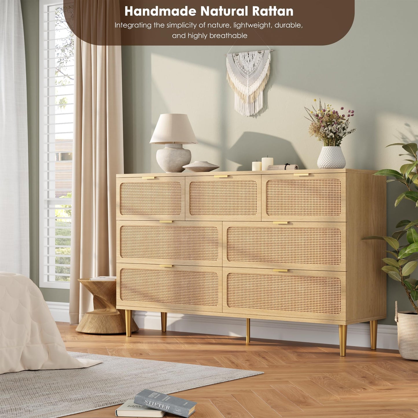 GarveeHome Rattan 7 Drawer Dressers for Bedroom, Tall Dresser with Deep Drawers, Large Chest of Drawers for Closet with Wide Top, Long Wooden Dresser for Living Room, Hallway, Kids Room, Natural