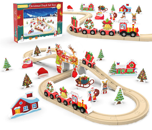 Wooden Train Set, Train Track for Toddlers 3-5, Wooden Tracks Kids Girls Boys Toys, 42Pcs Trains Toy Set for 3 4 5 6 Year Old Compatible with Thomas, Brio