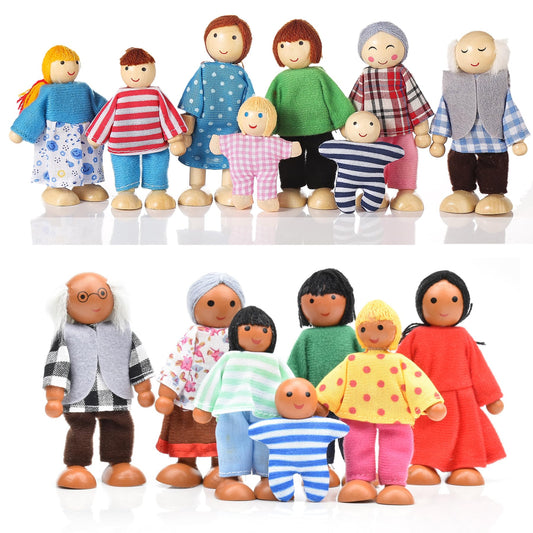 Jzszera 15 Pcs Wooden Dollhouse People with Movable Limbs, Doll House Family Figures for Educational Pretend Play