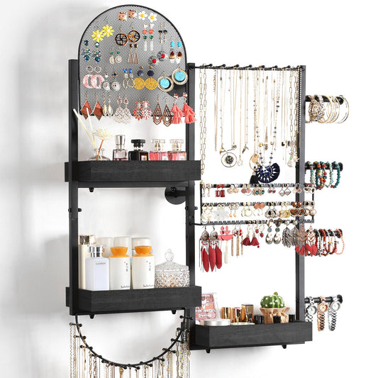 Keebofly Wall Mount Hanging Jewelry Organizer - Large Display Holder for Earrings, Rings, Necklaces, Bracelets, Watches and Perfume - Black