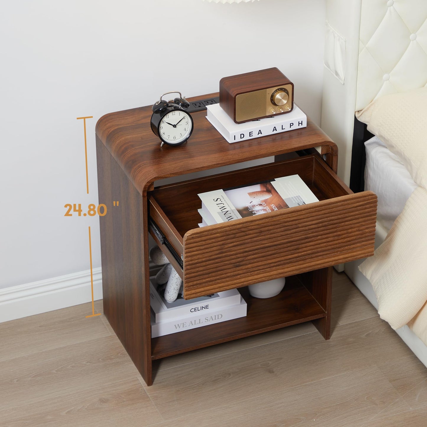 XUZENEST Fluted Nightstand with Charging Station, Mid Century Modern Bed Side Table End Table with Drawer Storage, Large Wooden Night Stands Bedside for Bedroom Living Room Sofa Office, Walnut