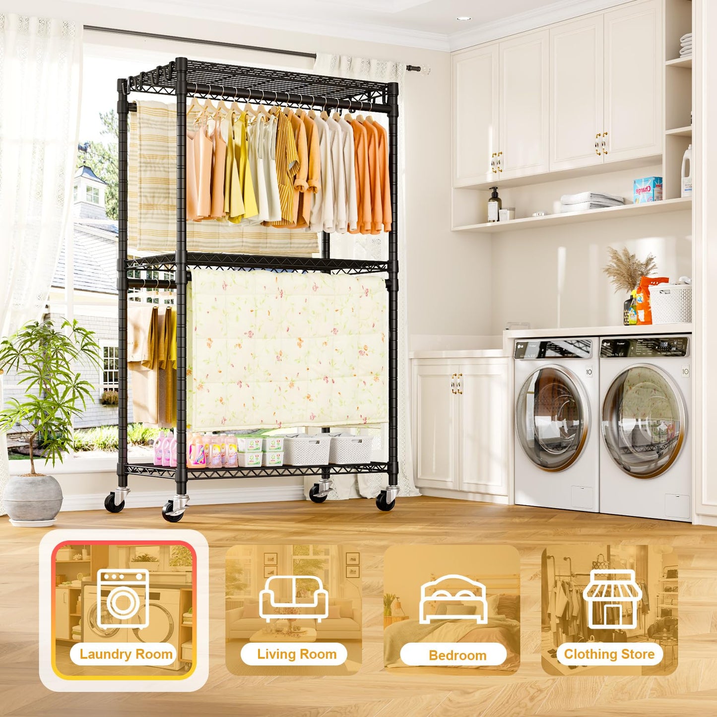 ULIFHOME P5 Rolling Clothes Rack Heavy Duty, Clothing Racks for Hanging Clothes, Metal Garment Rack with Wheels, 3-Tier Portable Closet Rack 39.4'' W × 20.5'' D × 80.5'' H, Max Load 650 Lbs, Black