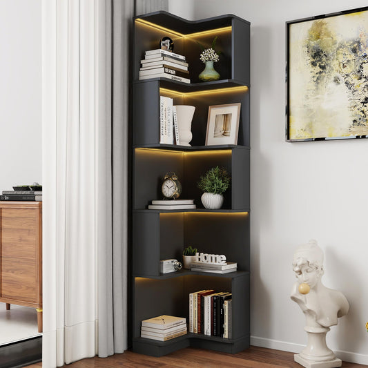 KEIKI 5 Tier Corner Display Storage Book Shelf with 16 Color + 4 Dynamic Modes LED Lights, L Shaped Freestanding Curio China Collectibles Case Shelves Bookcase for Living Room, Home Office, Bedroom