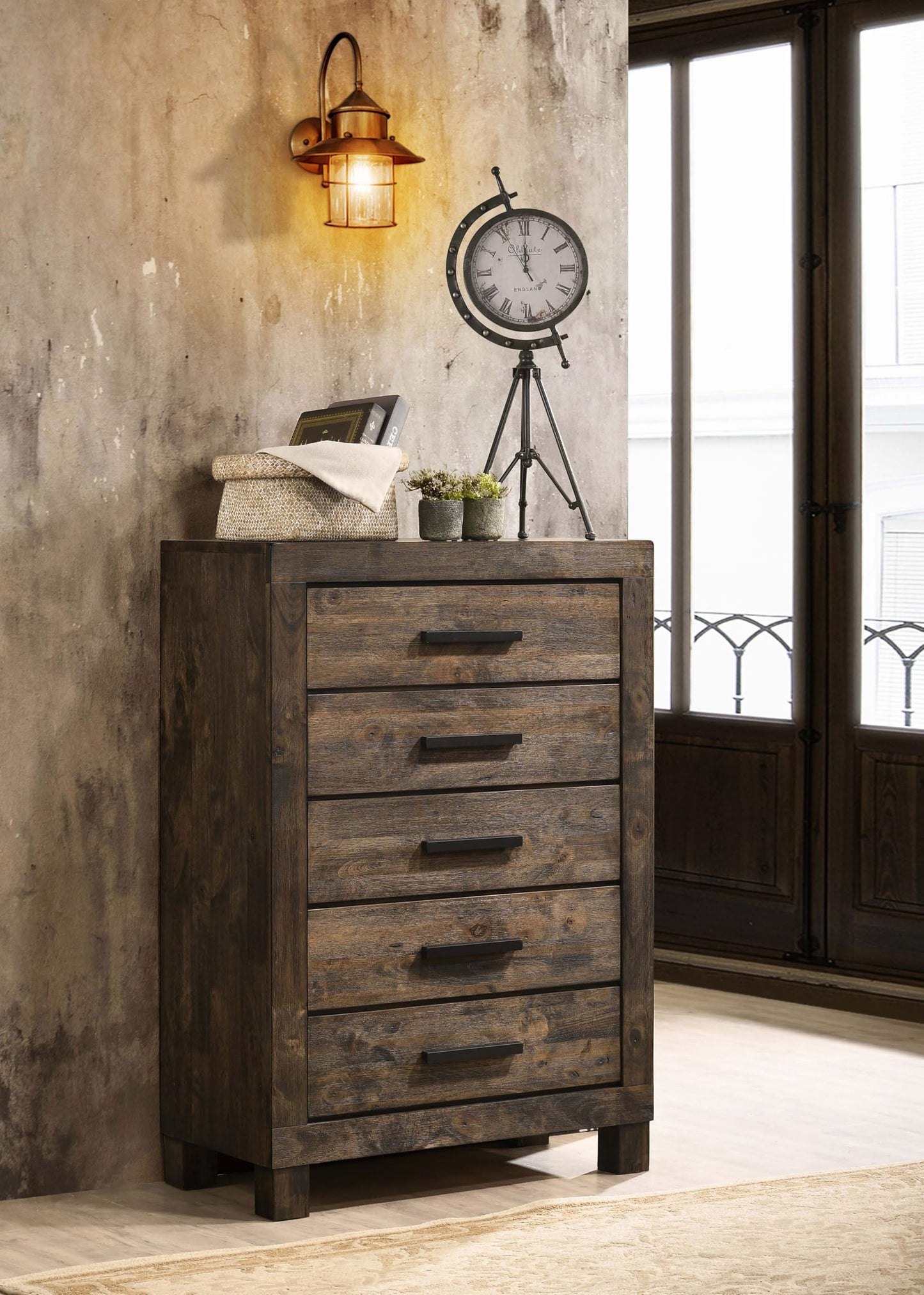 Coaster Home Furnishings Woodmont Farmhouse Wood 5-Drawer Bedroom Chest of Drawers Chiffonier Clothing Storage Cabinet Bedroom Armoire Tall Dresser Organizer Unit Rustic Golden Brown 222635