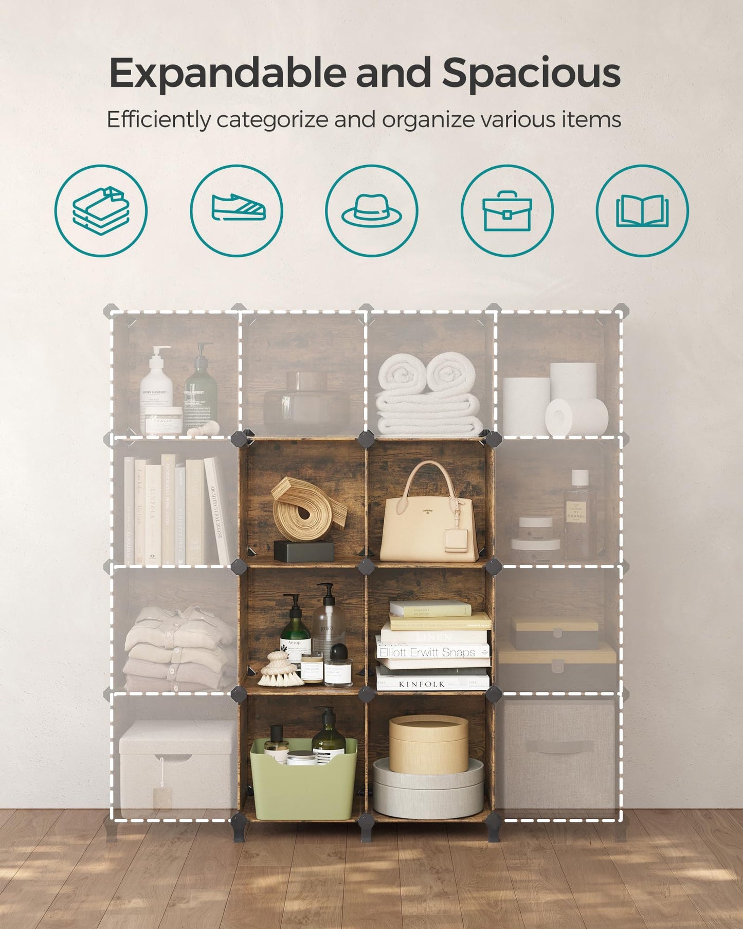 SONGMICS 6 Cube Storage Organizer, Modular Bookshelf, DIY Closet Organizers and Storage, Plastic Stackable Shelves, 11.8 x 11.8 x 11.8 Inch Cubes, with Feet and Rubber Mallet, Rustic Brown ULPC111A01