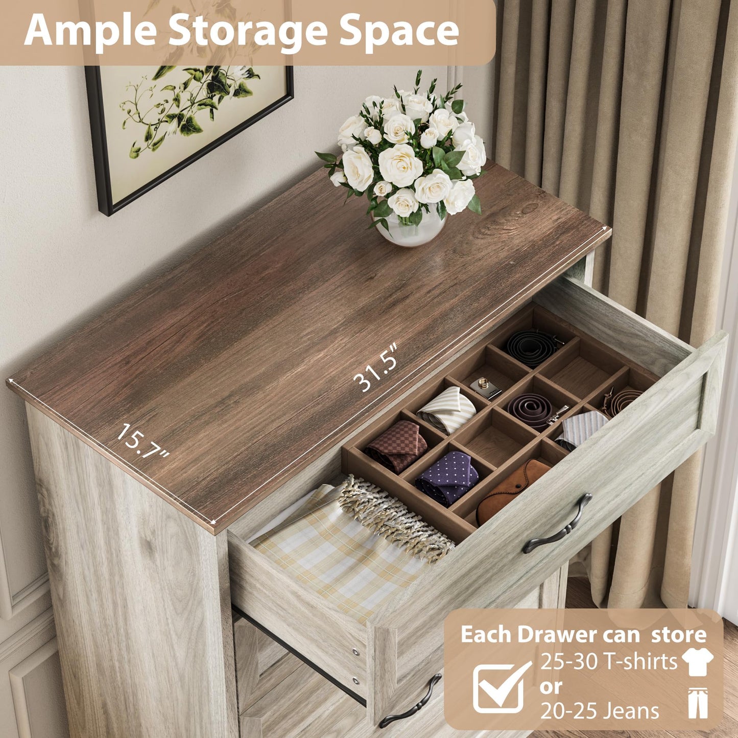 Garvee 5 Drawers Dresser for Bedroom,Chest of Drawers with Wide Metal Handle,Farmhouse Modern Wooden Tall Dresser,Natural Texture,Storage Organizer for Bedroom,Living Room,Kids Room(Beige)