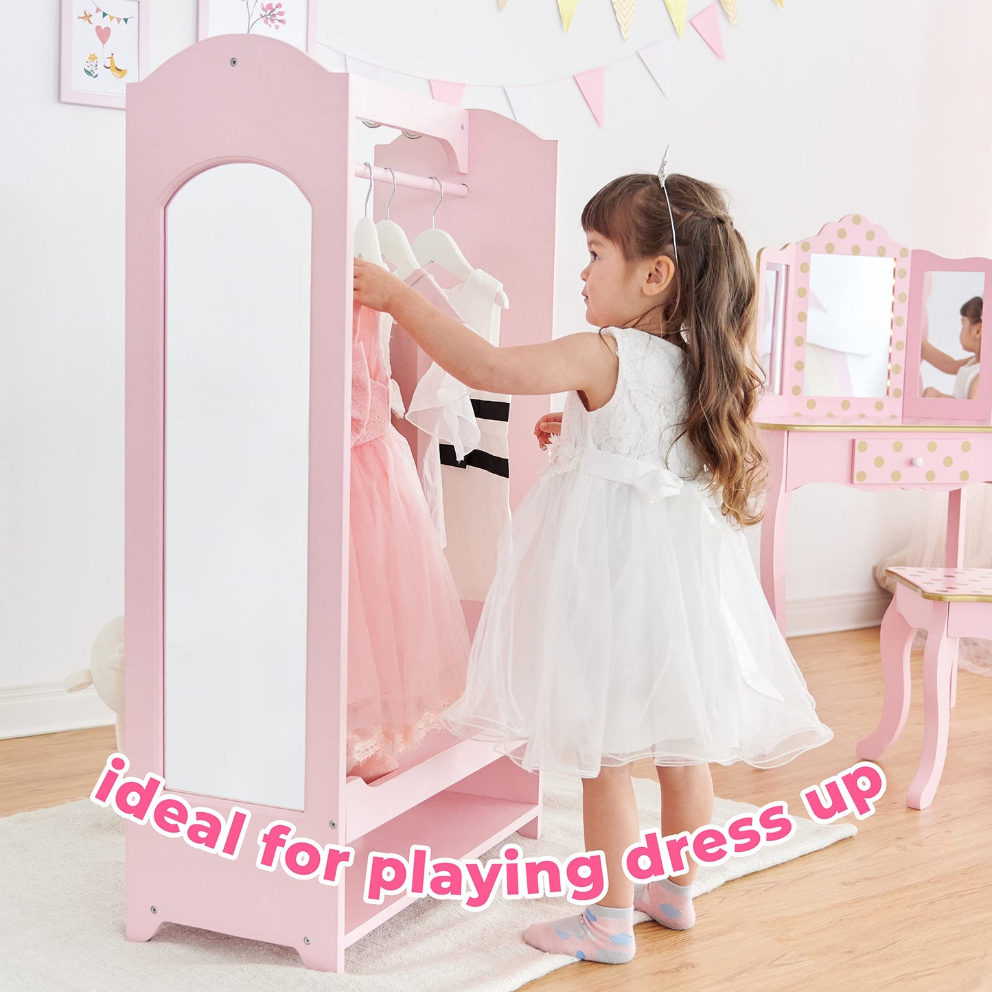 Teamson Kids - Kids Clothed Rack, Girl Dress Up Closet, Kids Dress Up Wardrobe, Dress Up Furniture Hanging Rack for Kids, Toddler Dress Up Station, Wooden Dress Up Unit with Hooks and Mirror - Pink