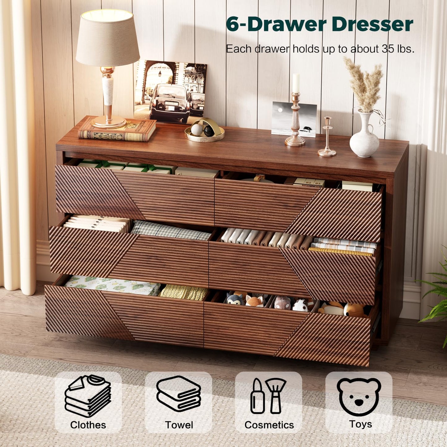 Ieejdn 55.12" Modern Chest of Drawer, 6 Deep Drawers,Clothes Organizer,Large Storage Cabinet for Living Room, Bedroom,Dresser TV Stand, Wood Drawer Organizer for Living Room, Hallway, Umber