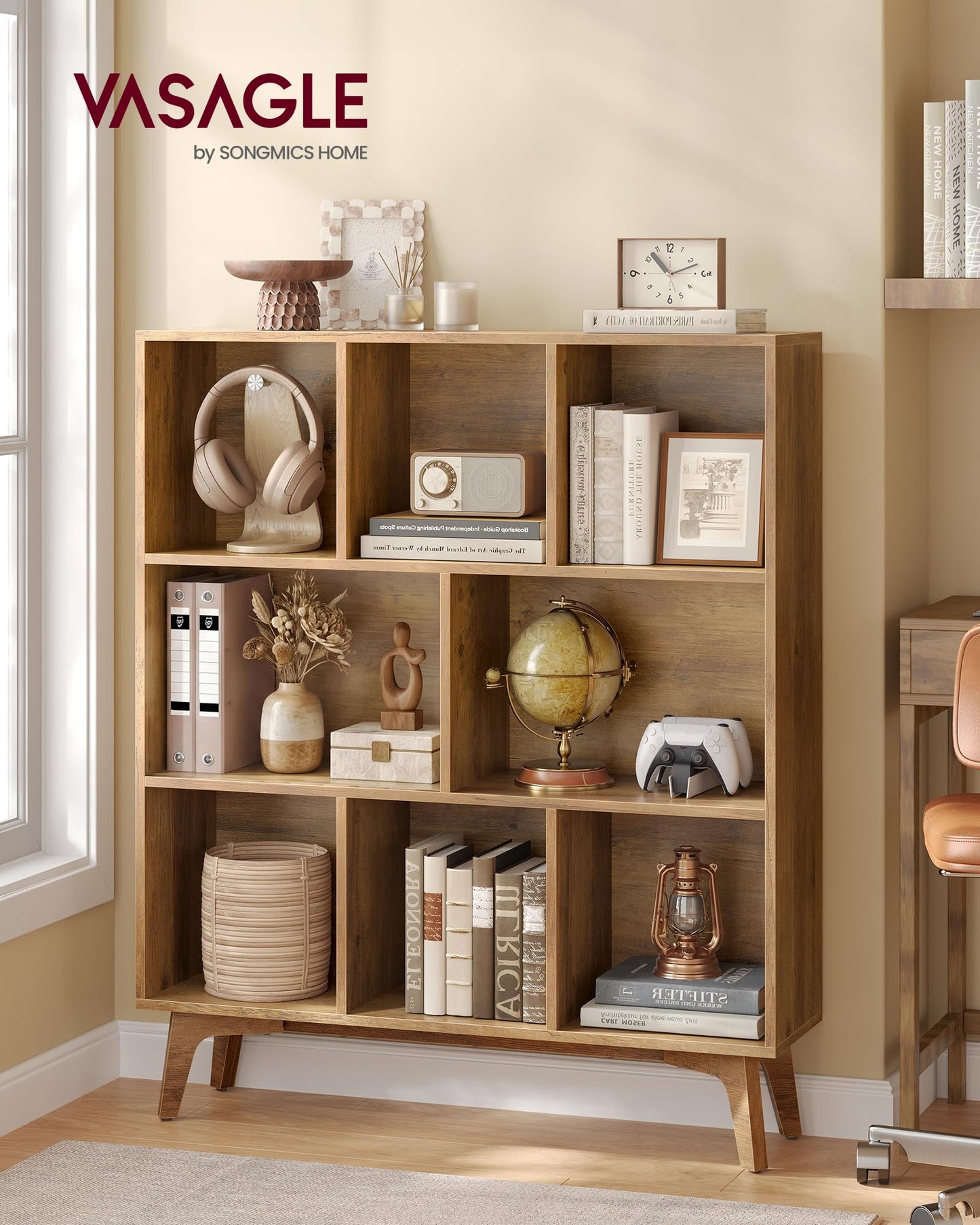 VASAGLE MAEZO Collection - Bookshelf, Bookcase, Cube Shelf with 8 Compartments, Storage Shelf, for Living Room, Home Office, Dining Room, 9.4 x 35.4 x 42.3 Inches, Honey Brown ULBC191KB01S