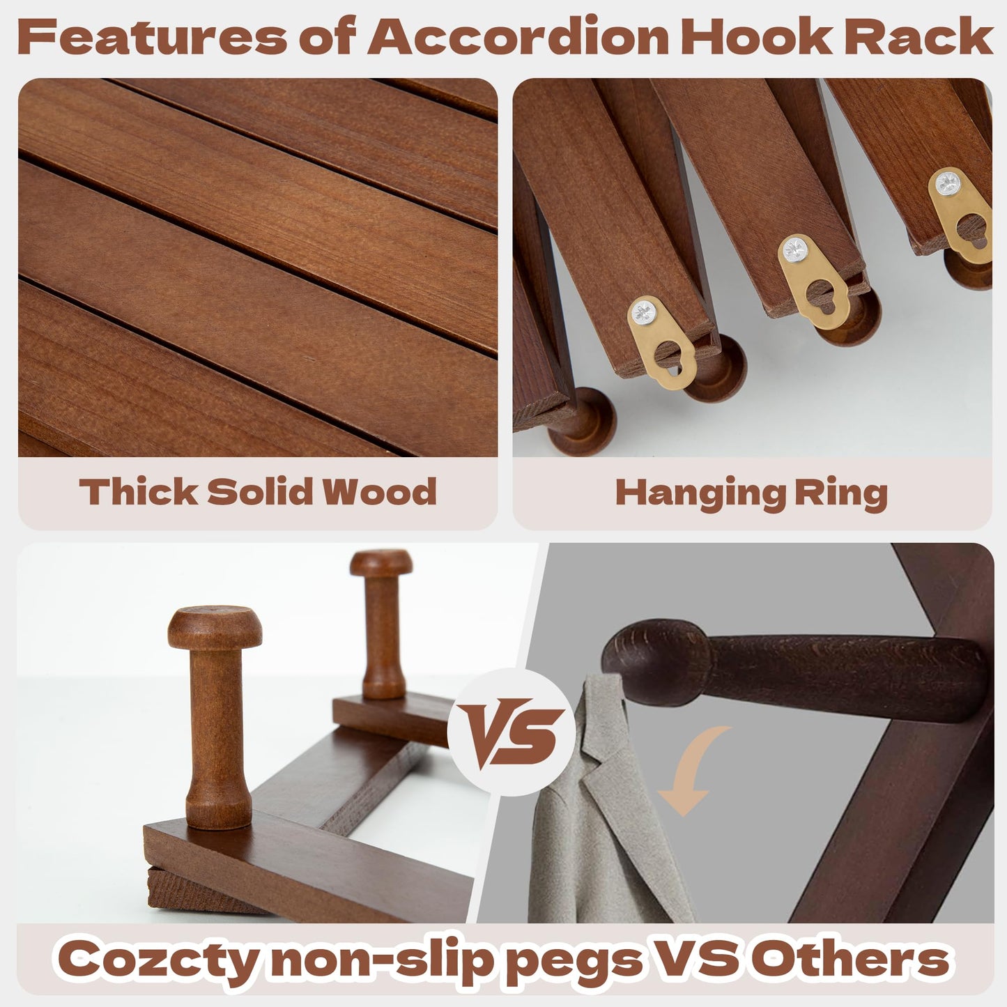 Cozcty Accordion Wall Hanger, Wooden Hat Rack for Wall with 16 Hooks, Expandable Peg Hat Hanger Organizer, Decorative Coat Rack Hanging Baseball Caps, Bags, Scarves (Walnut)