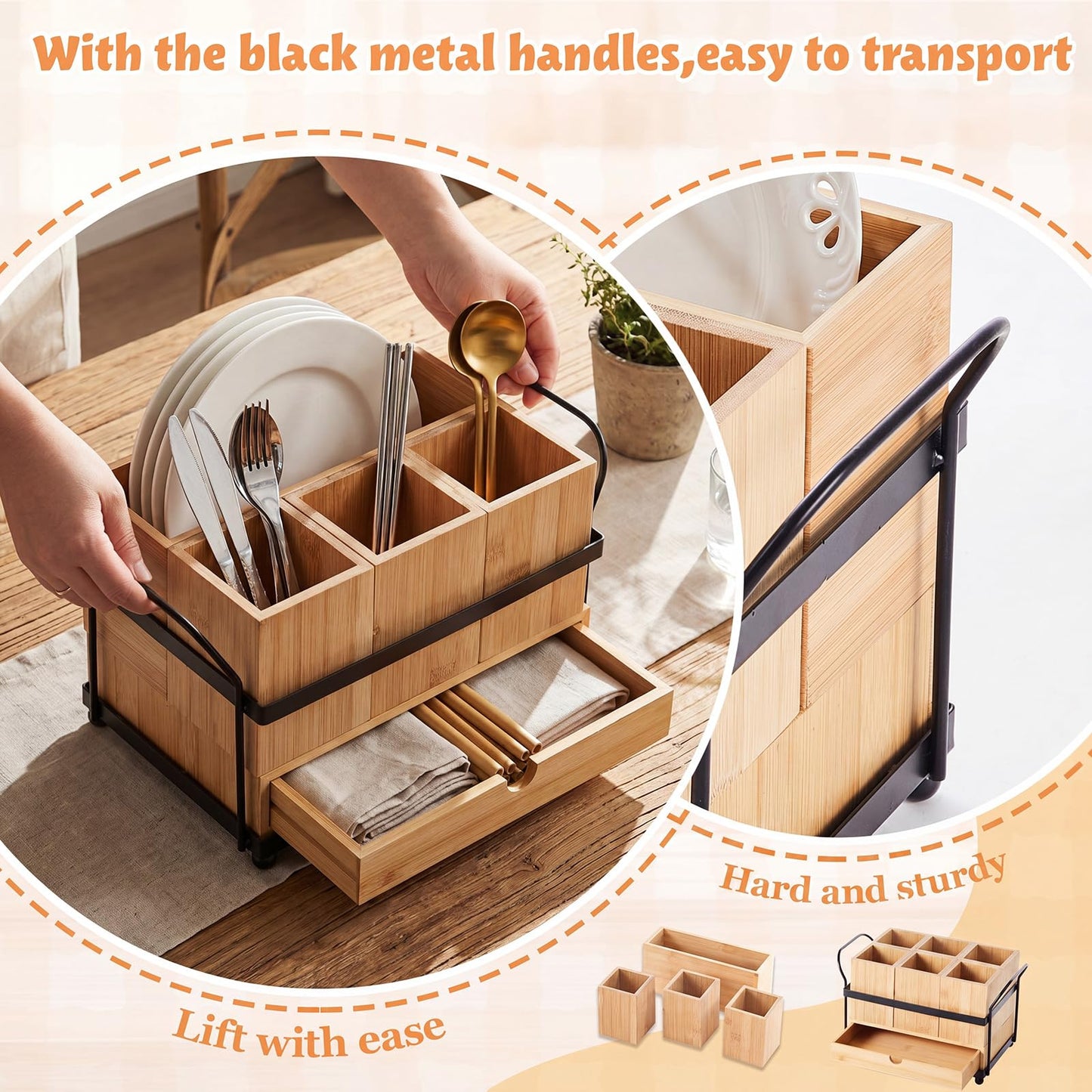 Qunclay Wooden Silverware Caddy with Drawer, Paper Plate Organizer Holder Dispenser for Party, Utensil Cutlery and Flatware Holder with 4 Compartments for Forks, Spoons, Napkins, Kitchen Countertop