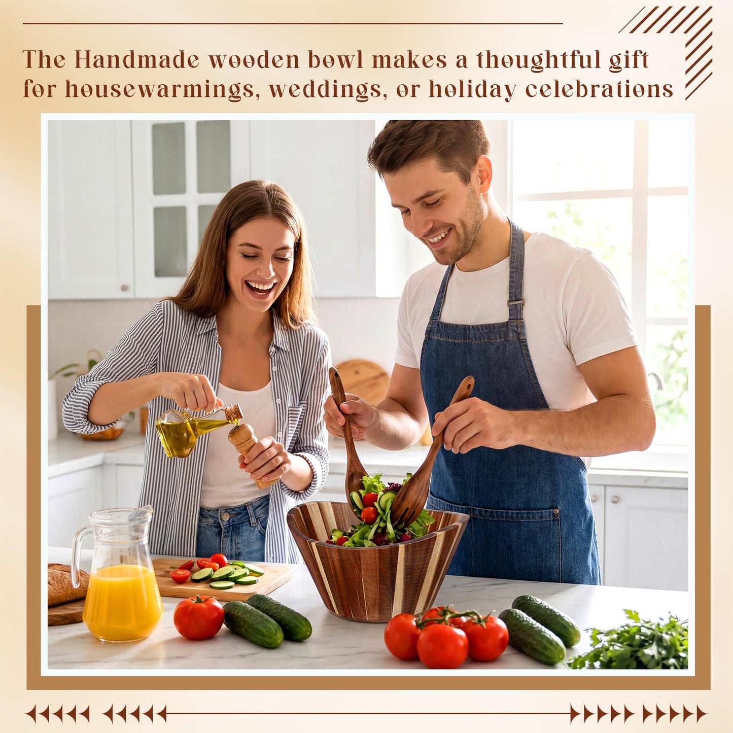 LemonRoad Wooden Salad Bowls Set 12 inch Wavy Large Acacia Wood Serving Bowl with 2 Wooden Hands 2 Utensils Fork Spoon for Fruit, Salad, Cereal, Corn flake, Pasta, Food (Wavy)