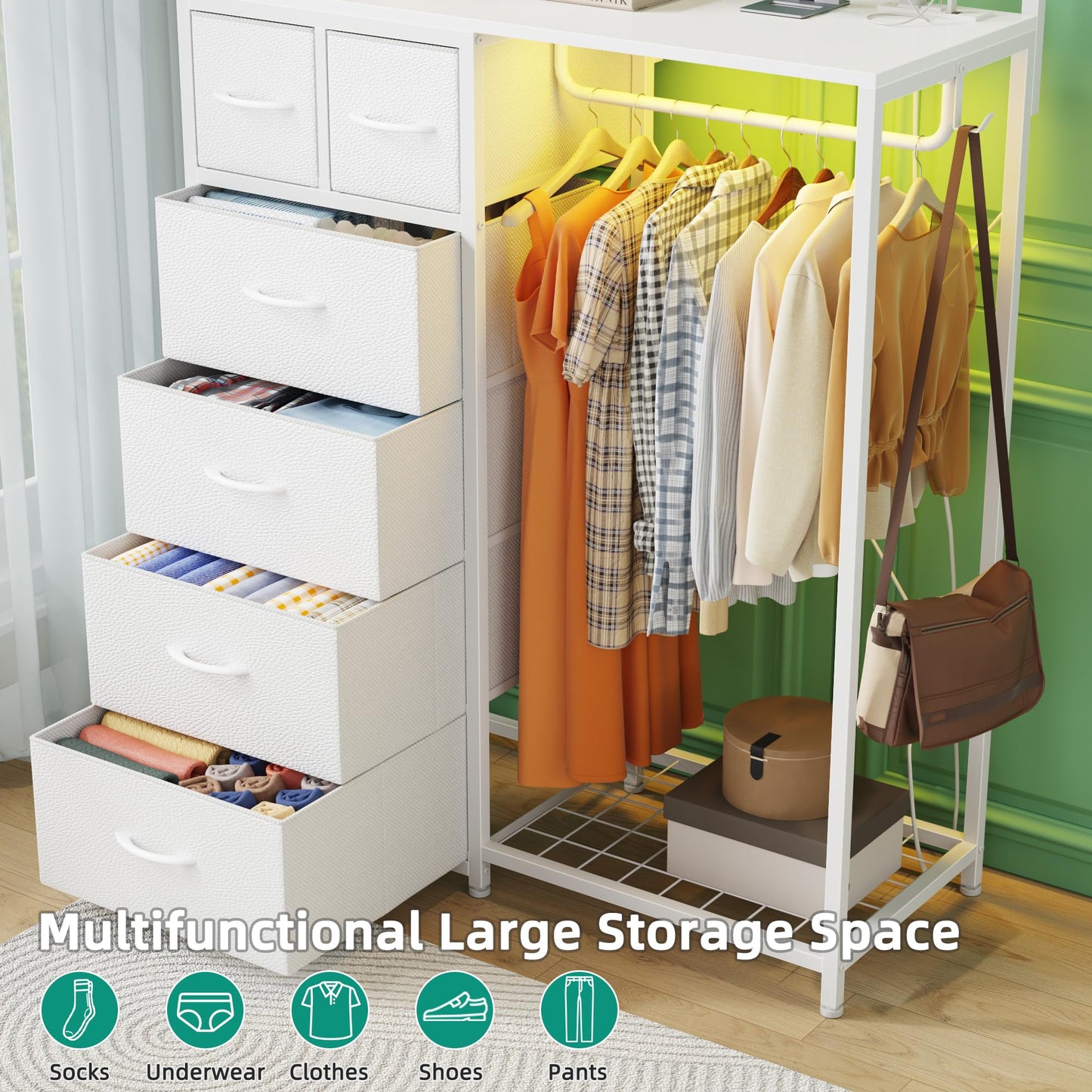 YAOHUOO Dresser with Hanging Rack, 6 Drawers Dresser with Charging Station, LED Light, Clothes Rack, Shoe Racks and Side Hooks for Entryway, Bedroom, White