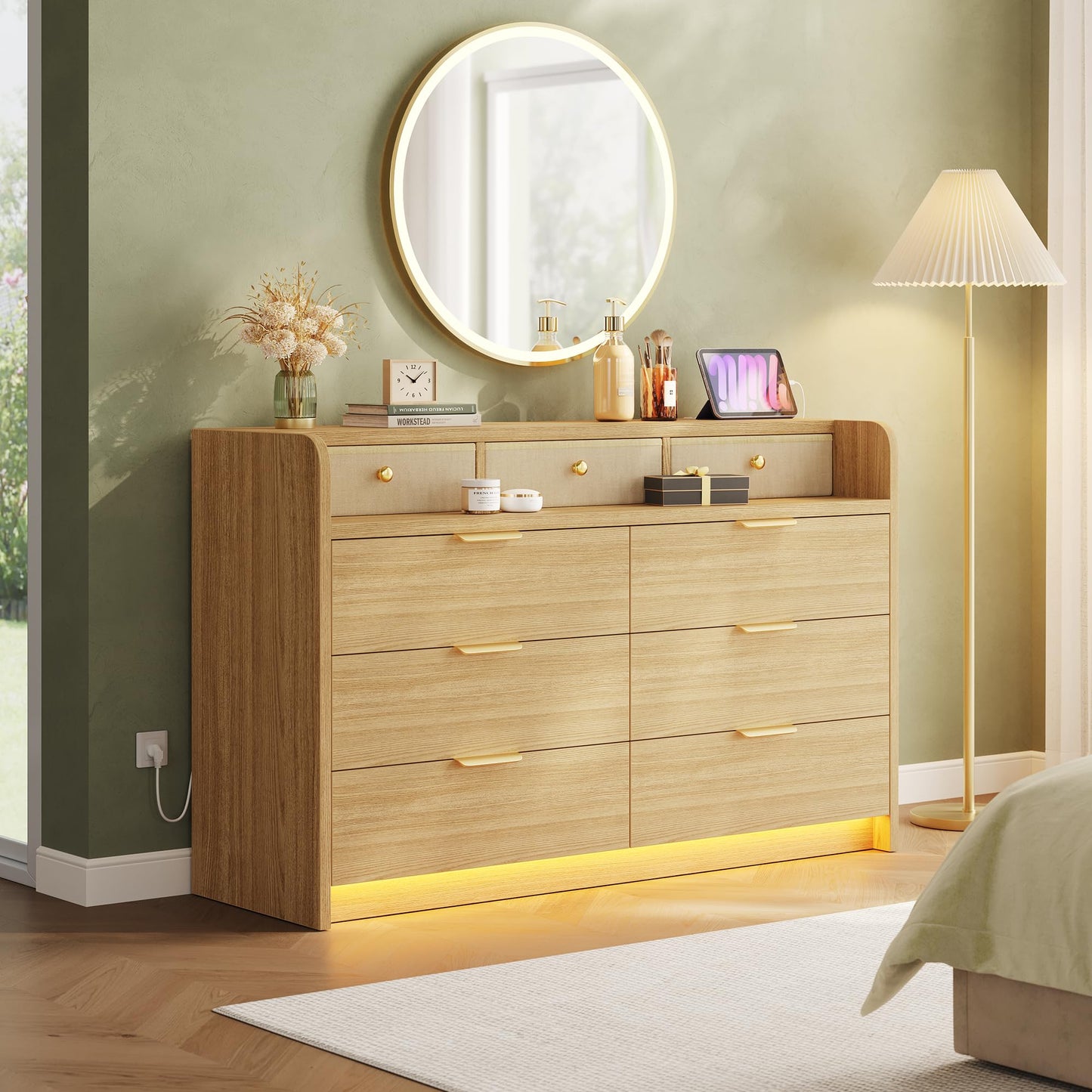 MapleGrace 53'' Wide 9 Drawer Dresser for Bedroom, Wood TV Stand Dresser with Power Outlets & LED Light, Chest of Drawers Closet Store Organizer for Living Room, Hallway, White