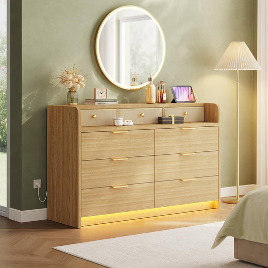 MapleGrace 53'' Wide 9 Drawer Dresser for Bedroom, Wood TV Stand Dresser with Power Outlets & LED Light, Chest of Drawers Closet Store Organizer for Living Room, Hallway, White