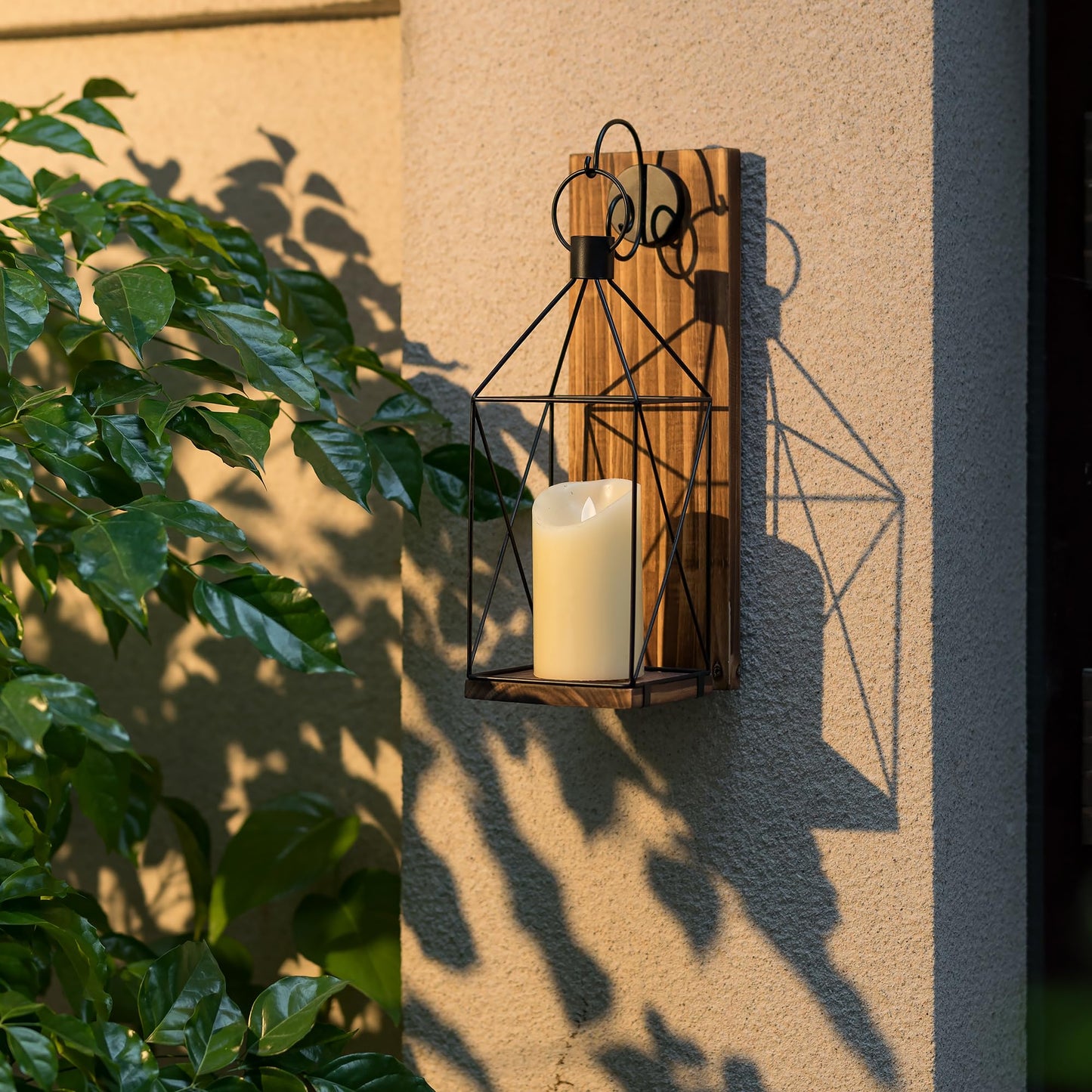 Staymoment Candle Sconces Wall Decor: Set of 2 Farmhouse Wood Candle Holder Indoor Black Metal Lantern Decorations for Living Room Front Porch Yard