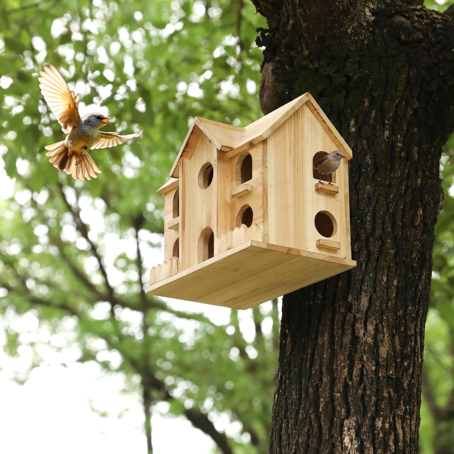 Bird Houses for Outside,10 Hole Wooden Birdhouse for Outdoor Large Hanging Bird House Backyard Birding & Wildlife (10 Hole)