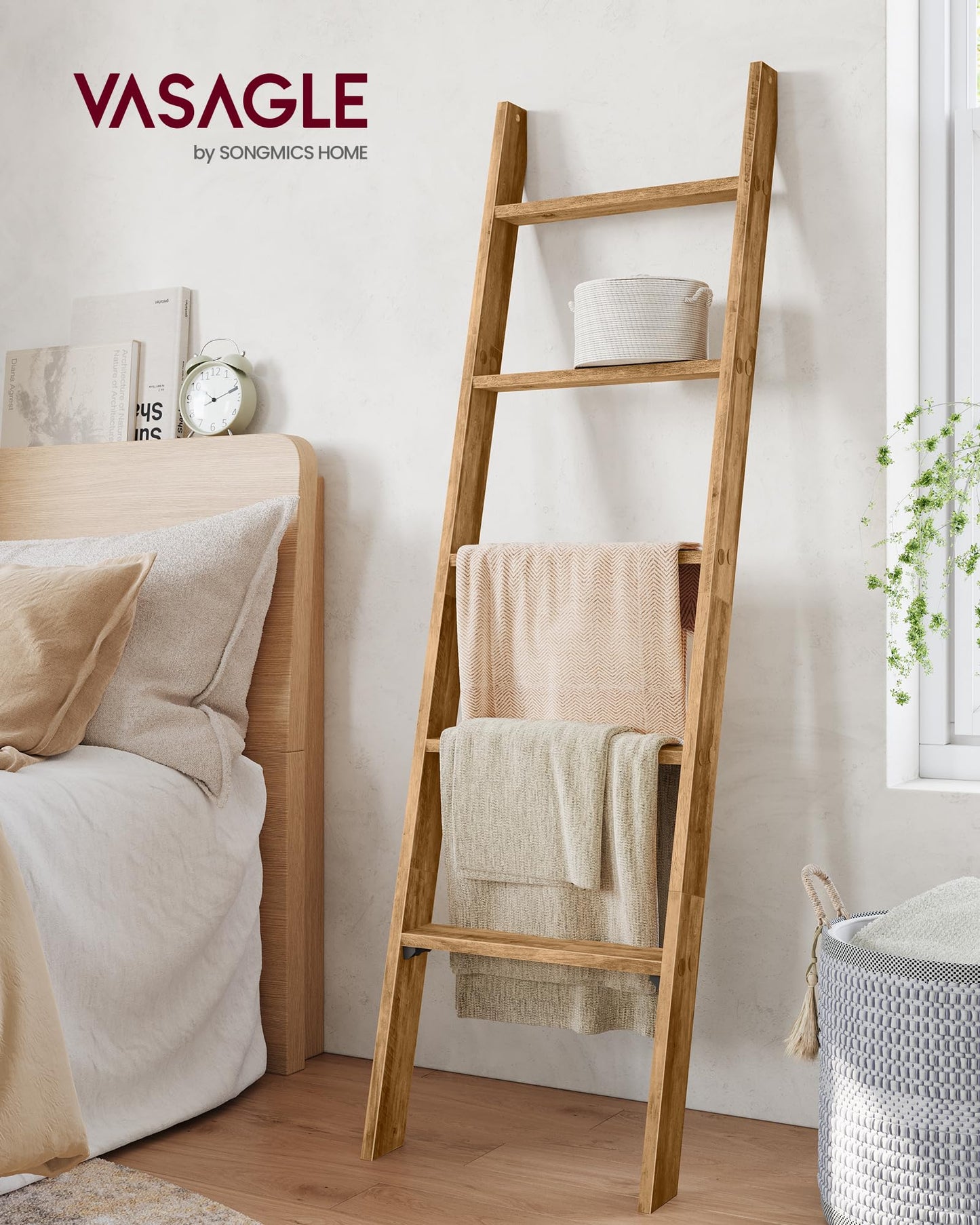 VASAGLE CUSTOS Collection - Blanket Ladder Decorative Farmhouse for the Living Room, 5-Tier Ladder Shelf, Ladder Rack for Storage and Decor, Honey Brown ULLS018K41