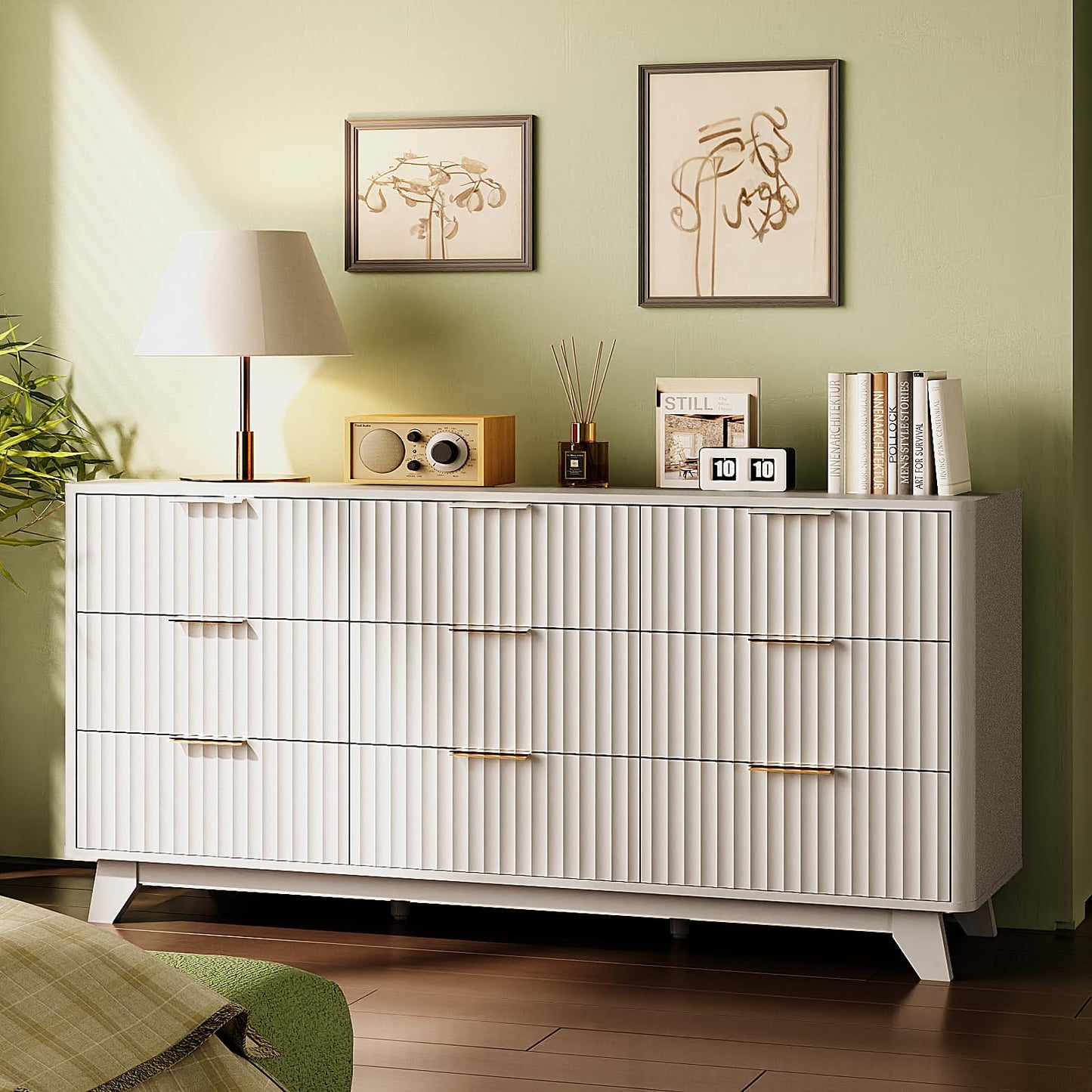 VINGLI 9 Drawer Dresser White Fluted Dresser for Bedroom with Rounded Edges, 57" Long Wood Dressers White and Gold, 57" W*15.75" D*29.92" H