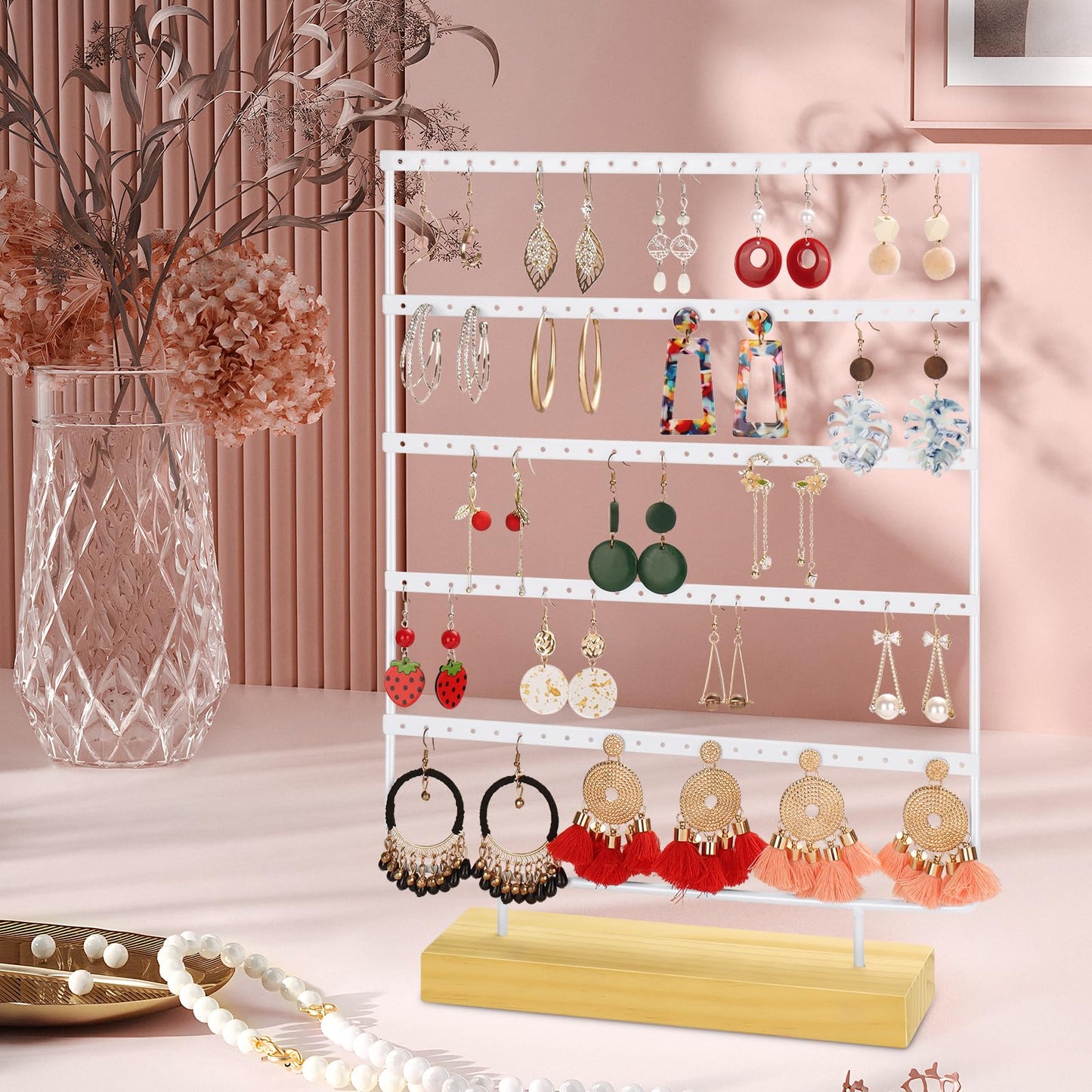 shidaishiye Earring Holder Organizer, 5-Tier Earring Organizer with 60-Pair Capacity, Wooden Base Metal Earring Display, Jewelry Storage & Display for Home Store, Suitable for Women