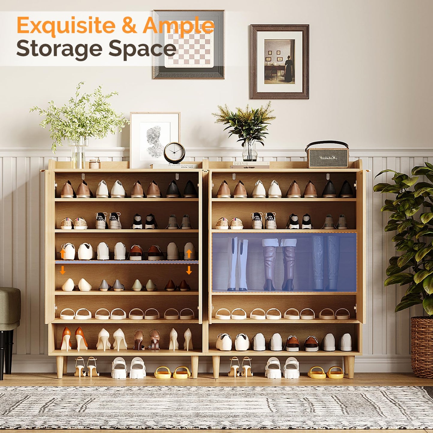 VINGLI Shoe Cabinet with Fluted Doors, 6 Tier Large Wooden Entryway Shoe Storage Cabinet with Adjustable Shelves,44.5" Tall Modern Freestanding Shoe Rack Organizer for Entryway, Hallway, Closet,Oak