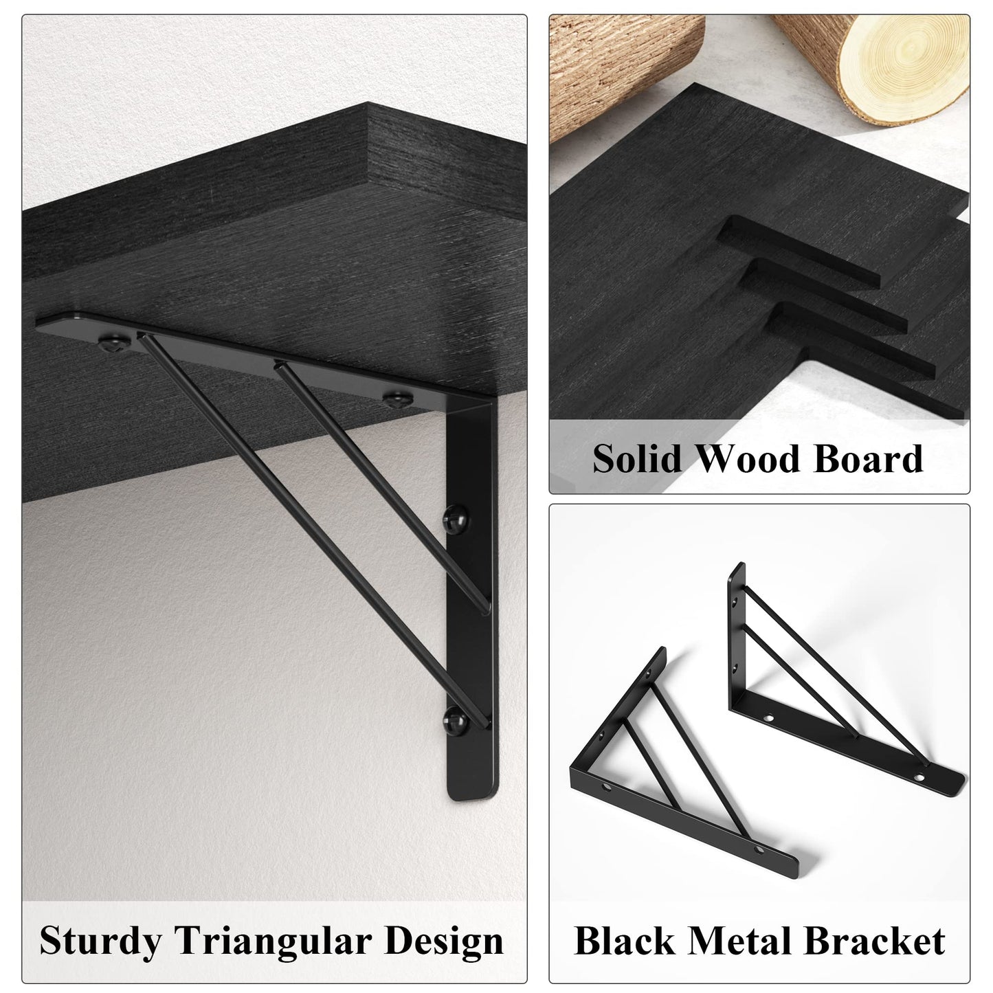 Love-KANKEI Corner Shelf Wall Mounted,Floating Wall Shelves for Storage,Rustic Wood Hanging Shelves for Display,Bathroom Kitchen Bedroom Living Room,Set of 4,Black