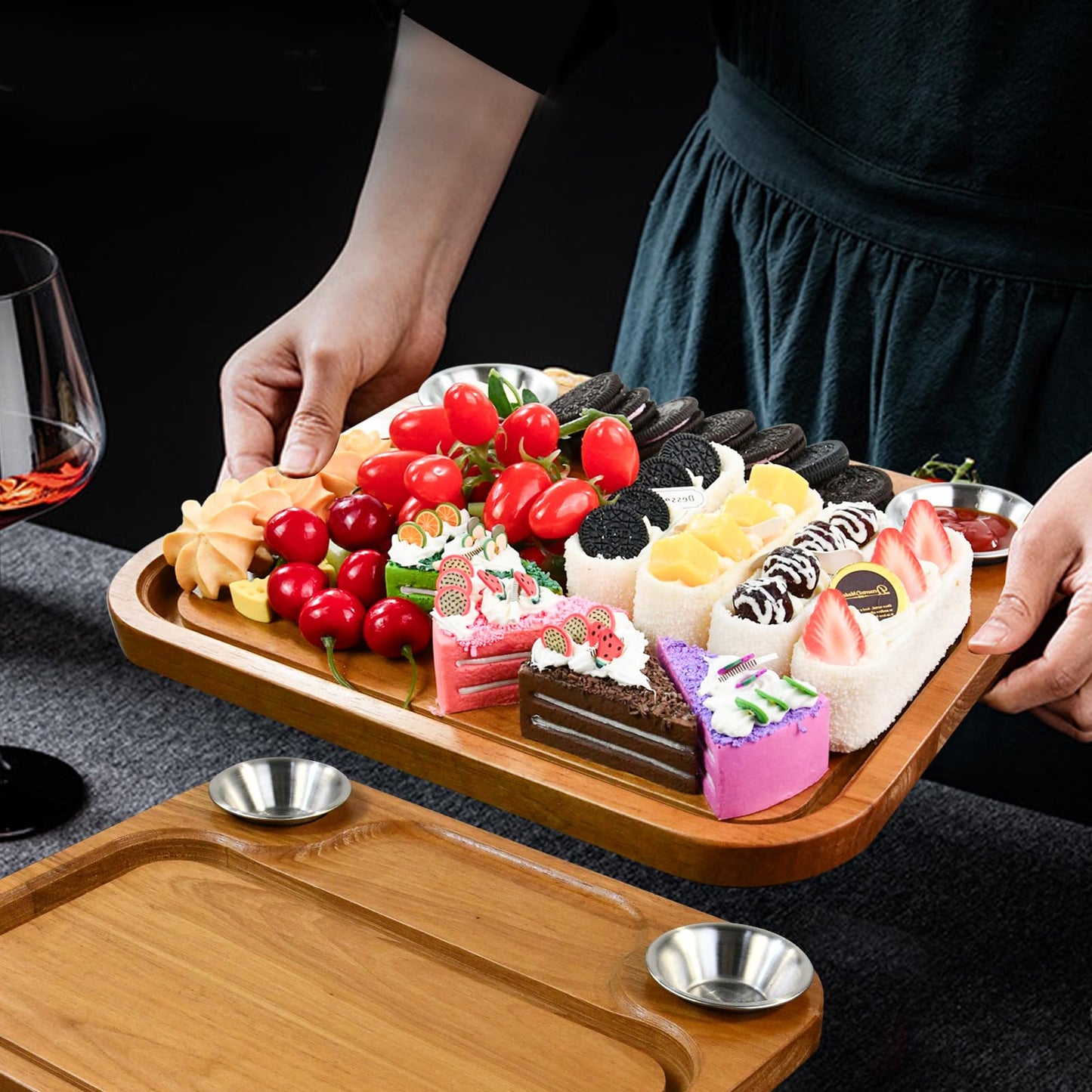 MAVOTER Wooden Steak Plates include 2 Sauce Cups, Wood Steak Board Set Serving Tray for Food Meat Cutting Board with Juice Groove, Charcuterie Board Platter for Home