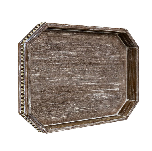 MAONAME Wood Serving Tray, Farmhouse Wooden Tray for Coffee Table, Octagonal Beaded Trays, Vintage Brown Decorative Trays for Living Room, Kitchen, 15.7" X 10.2" X 1.6"