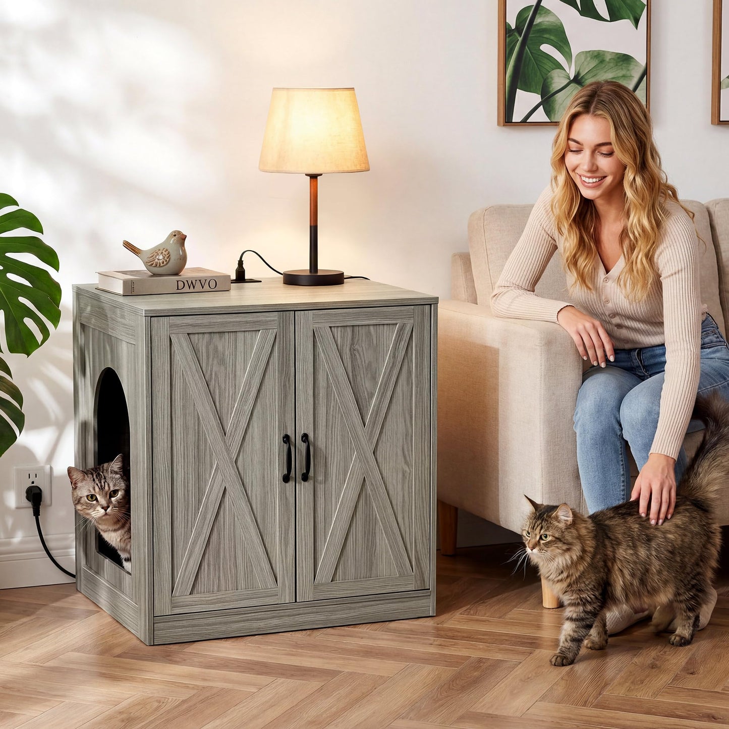 YITAHOME Large Hidden Litter Box Furniture with Power Outlets, Wooden Cat Litter Box Enclosure for Self-Cleaning Litter Boxes, Indoor Wooden Storage Cat Cabinet, Wash Grey