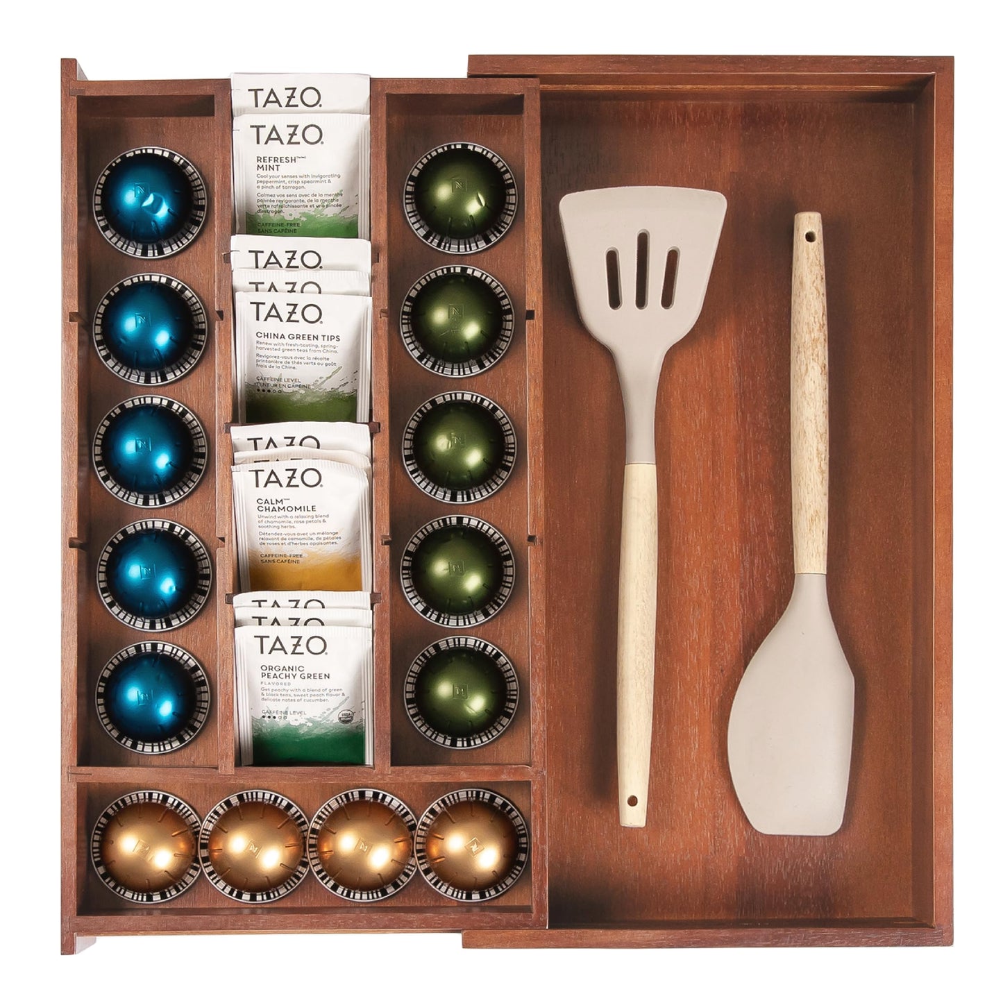 KitchenEdge Acacia Tea Bag and Coffee Pod Kitchen Drawer Organizer, Expandable 9.7 to 17 Inches, 10 Storage Compartments, Adjustable Wall Inserts, Non-Slip Feet, Food-Safe