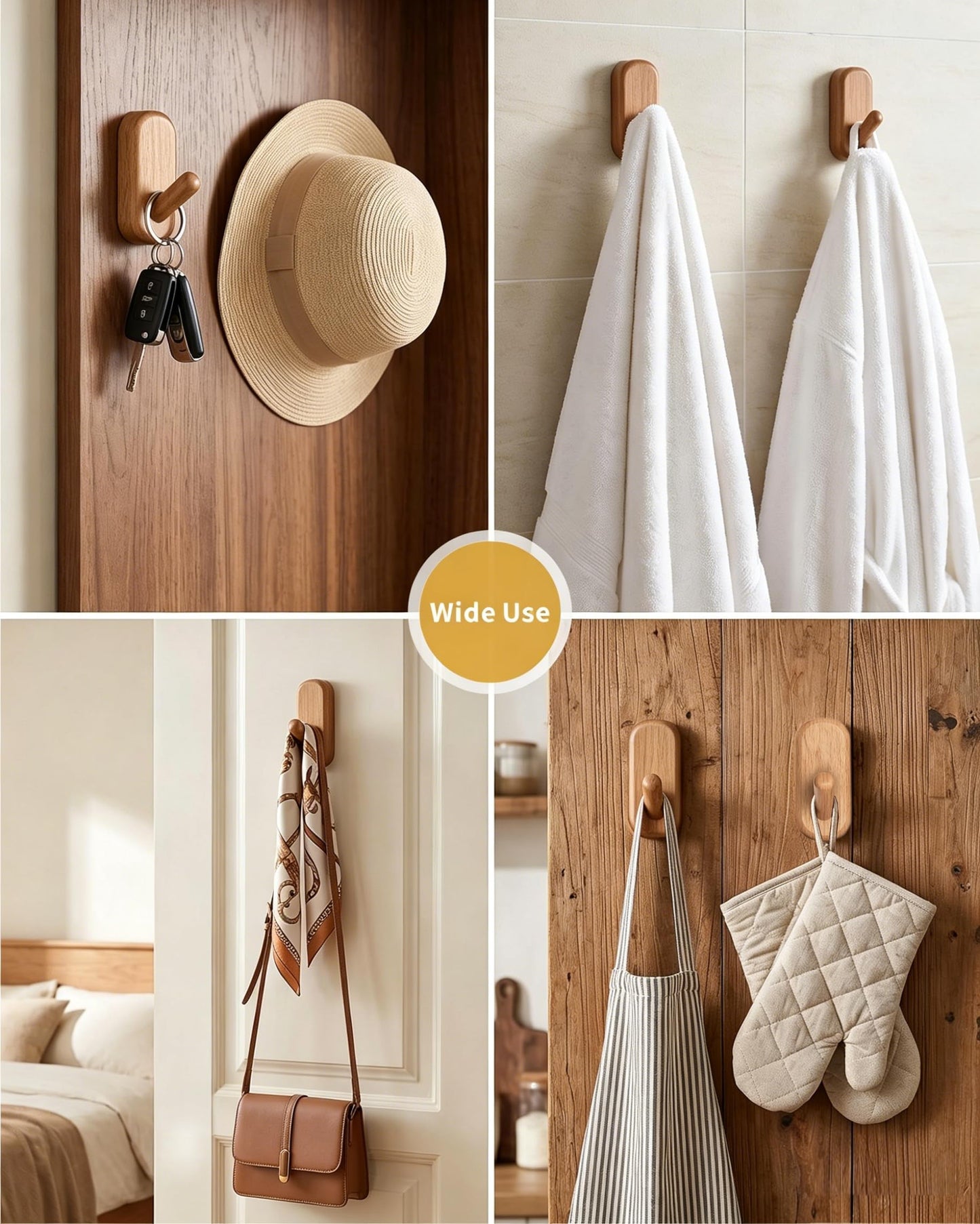 FCOWK Wooden Wall Hooks for Hanging - 4 Pack Heavy Duty Coat Hooks Wall Mount- Solid Natural Wood Hat, Bag, Backpack & Towel Hooks - Modern Key Holder for Bathroom & Entryway (Beech)