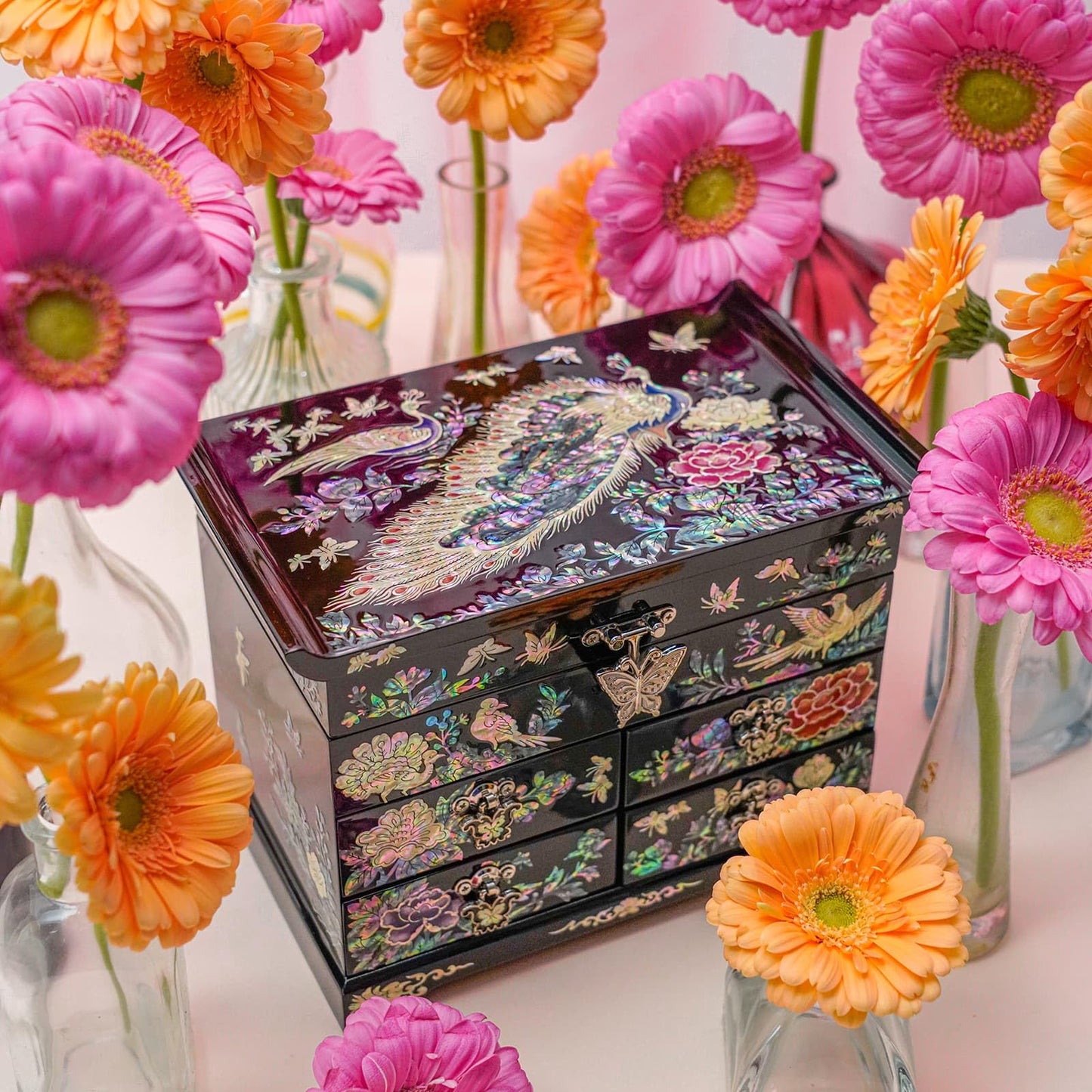 February Mountain Mother of Pearl Wooden Jewelry Organizer Box – Jewelry Storage Box for Women, Features Spacious Drawers, Ideal for Rings, Bracelets, Watches, Chains, Accessories (Peacock)