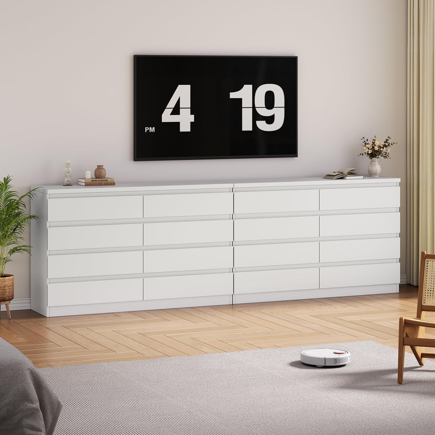 Jocoevol Modern White 8 Drawer Dresser for Bedroom, 15.3" D x 55.2" W x 32.3" H Simply Chest of Drawers, Wood Storage Dresser with Deep Drawers for Living Room Hallway Entryway, White