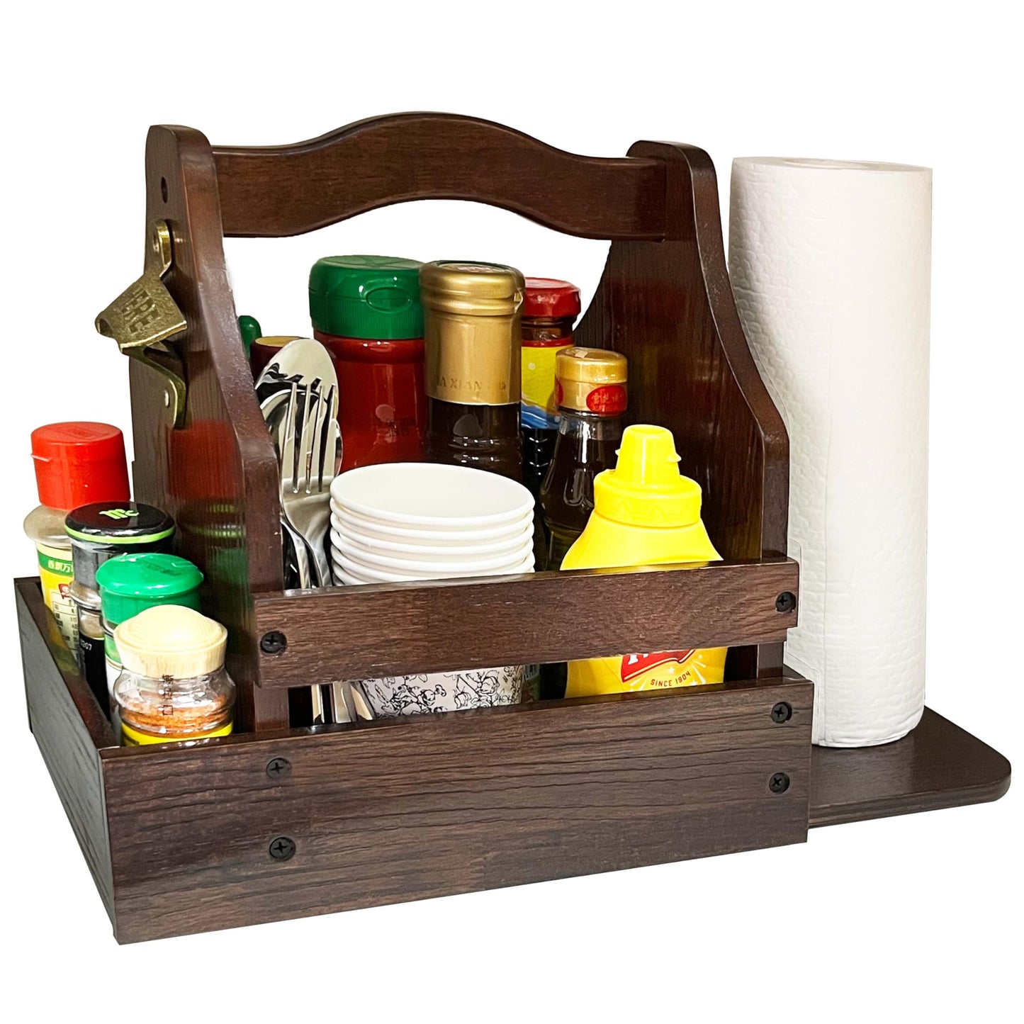 Grill Caddy for Outdoor Grill, BBQ Caddy with Paper Towel Holder and Beer Bottle Opener, Essential for Camping, Picnic Condiment and Kitchen Organizer, Gifts for Men and Women, Grilling Lovers