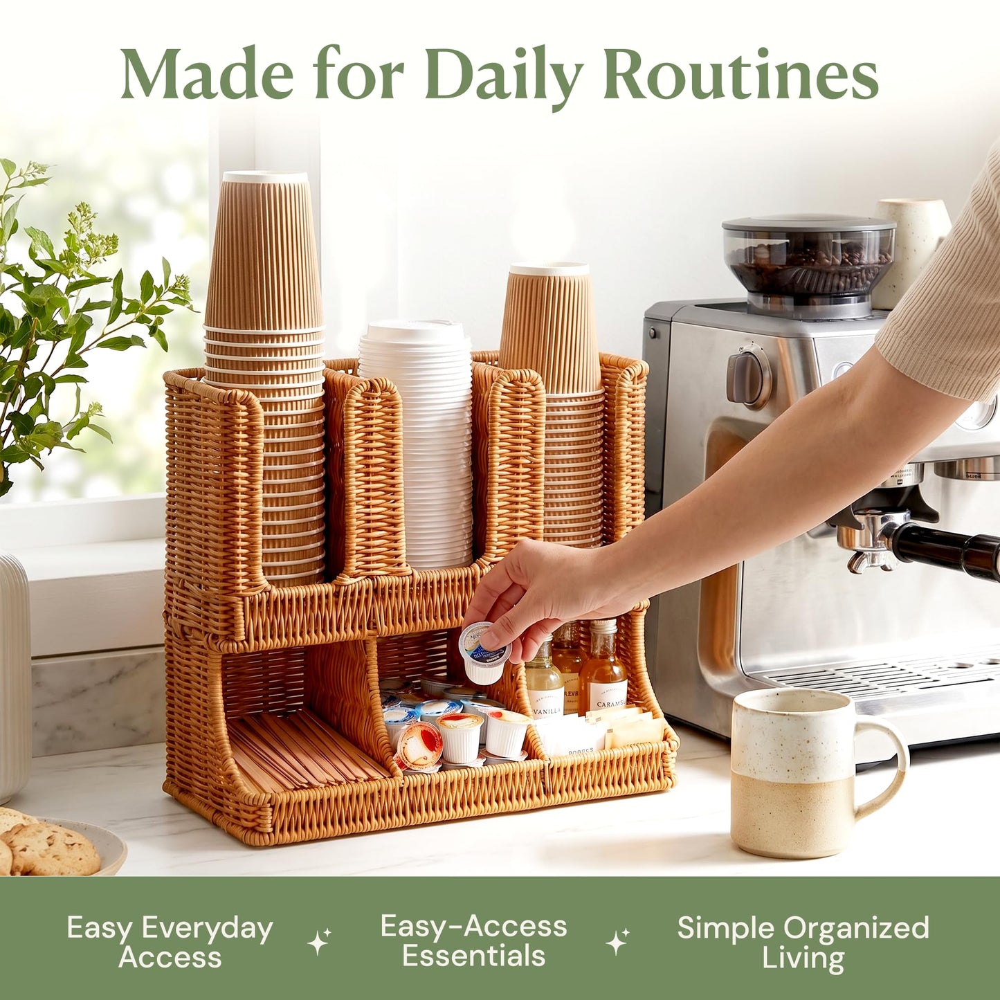 Cantalop Cup and Condiment Holder, Coffee Station Organizer for Cups Lids Sugar Creamer and Stirrers, Handwoven Countertop Coffee Bar Organizer for Office Breakroom