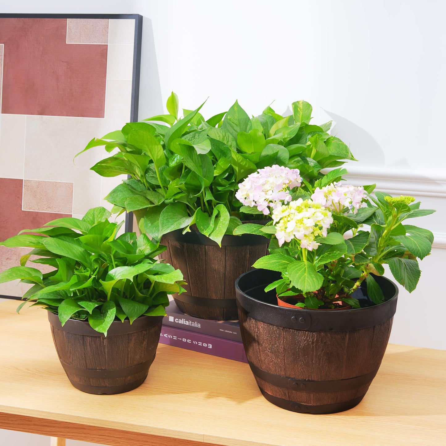 VECELO Plant Pots with Drainage Holes & Saucer, 9 Inch Flower Pots with Tray, 3 Pack Plastic Whiskey Barrel Planters for Indoor & Outdoor Garden Home Plants and Flowers
