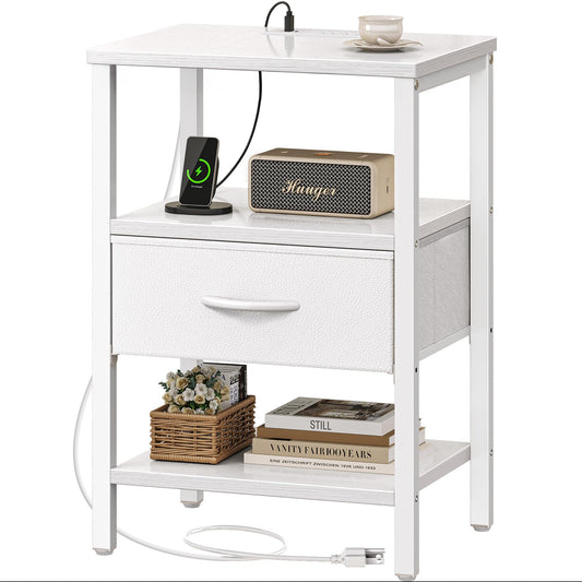 SUPERJARE Nightstand with Charging Station, Bed Side Table with Adjustable Fabric Drawer, Night Stand for Bedroom, 3-Tier Storage End Table, for Living Room, White