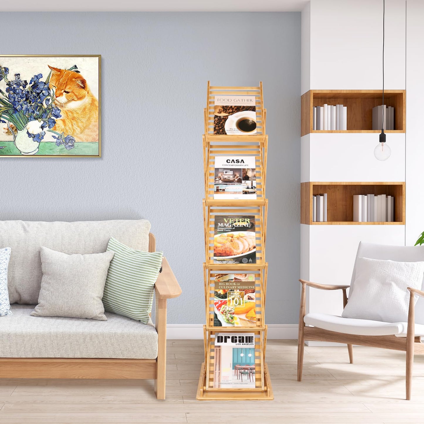 Choowin Foldable Magazine Rack Floor Stand Brochure Display Stand Literature Display Rack Holder Bamboo Wood Magazine Rack for Home Office Retail Display Exhibitions Trade Show Portable 5 Pockets