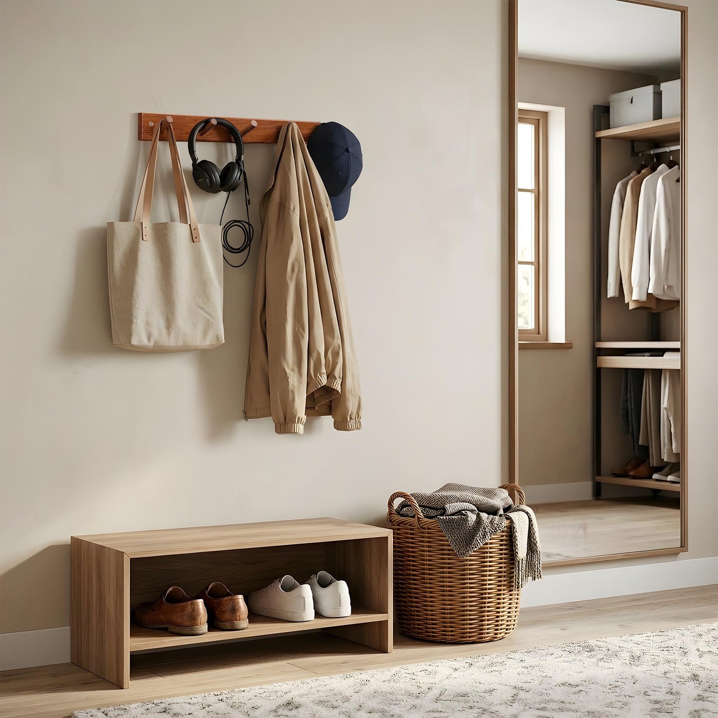 Cobnap Natural Teak Wall-Mounted Coat Rack (Set of 2, 16'' Hole to Hole) - Farmhouse Entryway Hooks with 5 Wooden Hooks Each, Rustic for Bathroom, Mudroom 2P