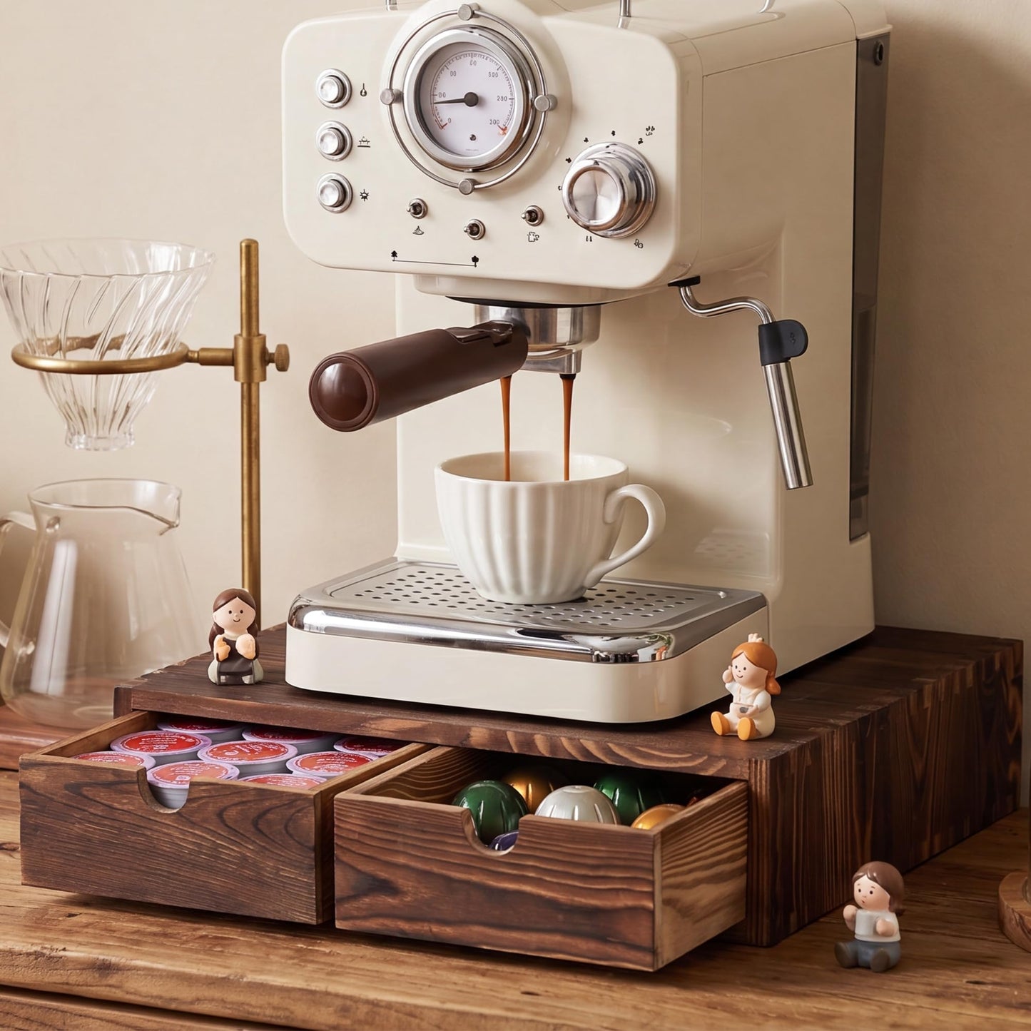 Wooden Coffee Pod Organizer with 2 Drawers, Countertop K-Cup Holder Drawer for 30 Pods, 2-in-1 Coffee Maker Stand + Storage Drawers, Coffee Pod Storage Perfect for Coffee Bar, Office & Home Kitchen