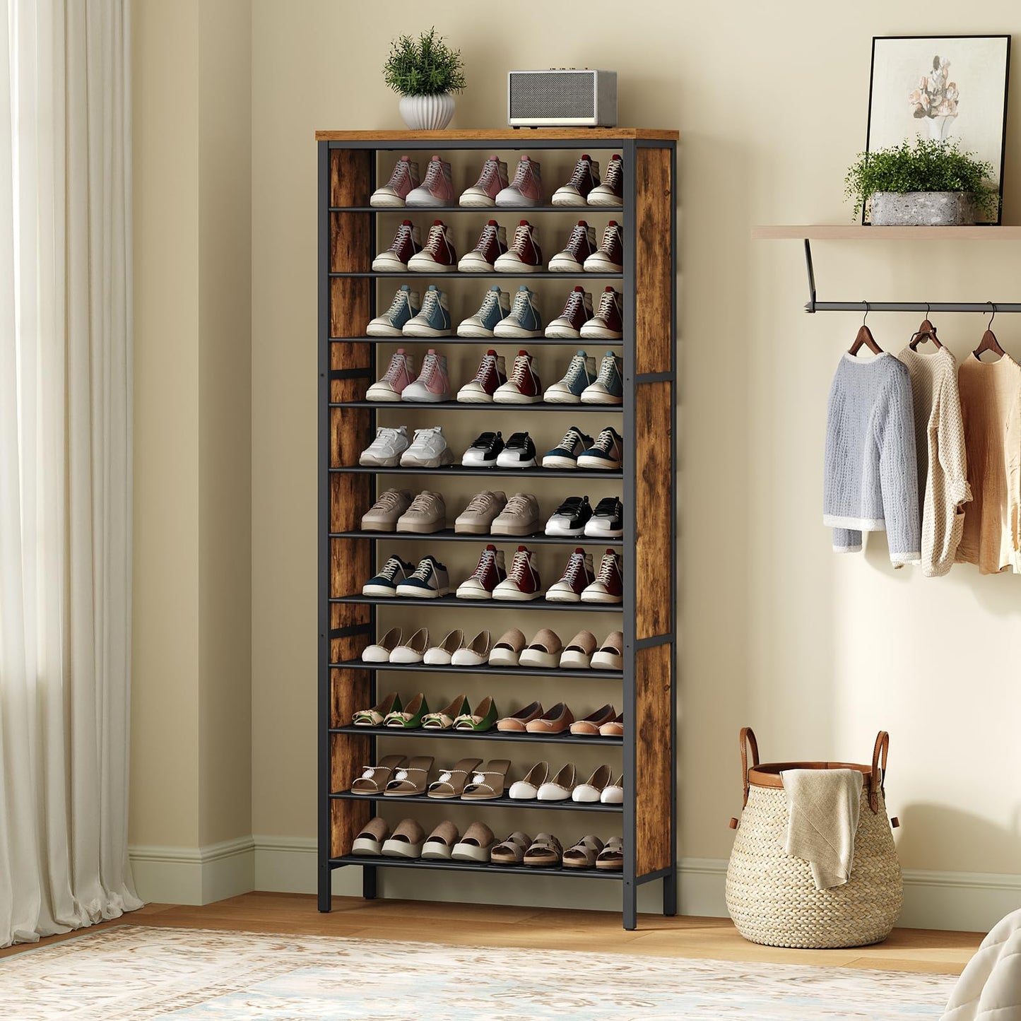 YATINEY 12-Tier Wooden Shoe Storage Organizer and 12-Tier Tall Shoe Rack, Large Shoe Storage Organizer for Closet SS212BR-SS42BR