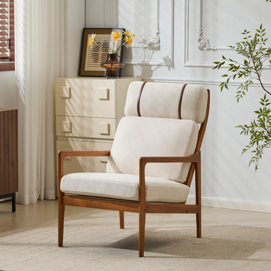 Christopher Knight Home Nadine Wooden Club Chair, Upholstered Accent Chair, Cushions Support Armchair, Comfy Lounge, Single Reading Sofa, Solid Wood Frame Armchair for Living Room Home, Beige+Teak