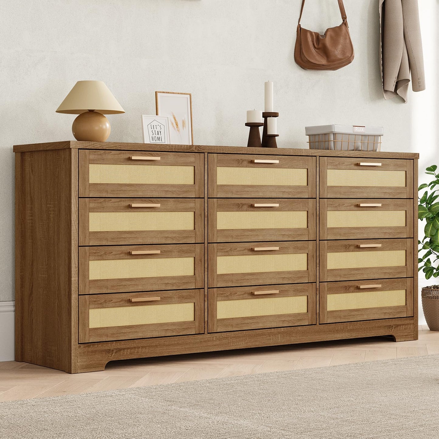 GarveeHome 12 Drawer Dresser for Bedroom, Modern Farmhouse Rattan Chest of Drawers, Wood Dresser for Closet, Living Room, Entryway, and Hallway, Natural