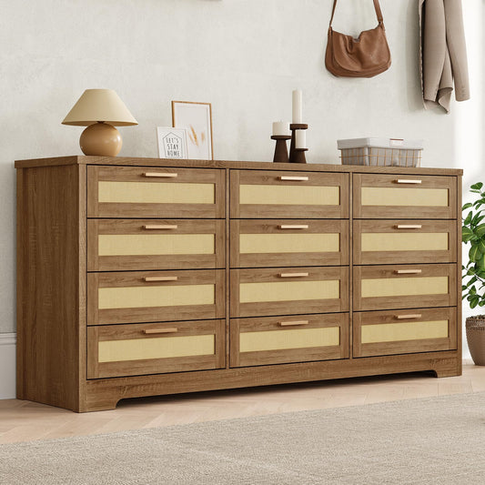 GarveeHome 12 Drawer Dresser for Bedroom, Modern Farmhouse Rattan Chest of Drawers, Wood Dresser for Closet, Living Room, Entryway, and Hallway, Natural
