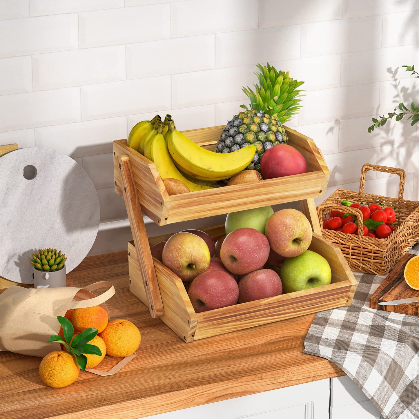 Merysen 2-Tier Wooden Fruit Vegetable Basket For Kitchen Countertop, Large