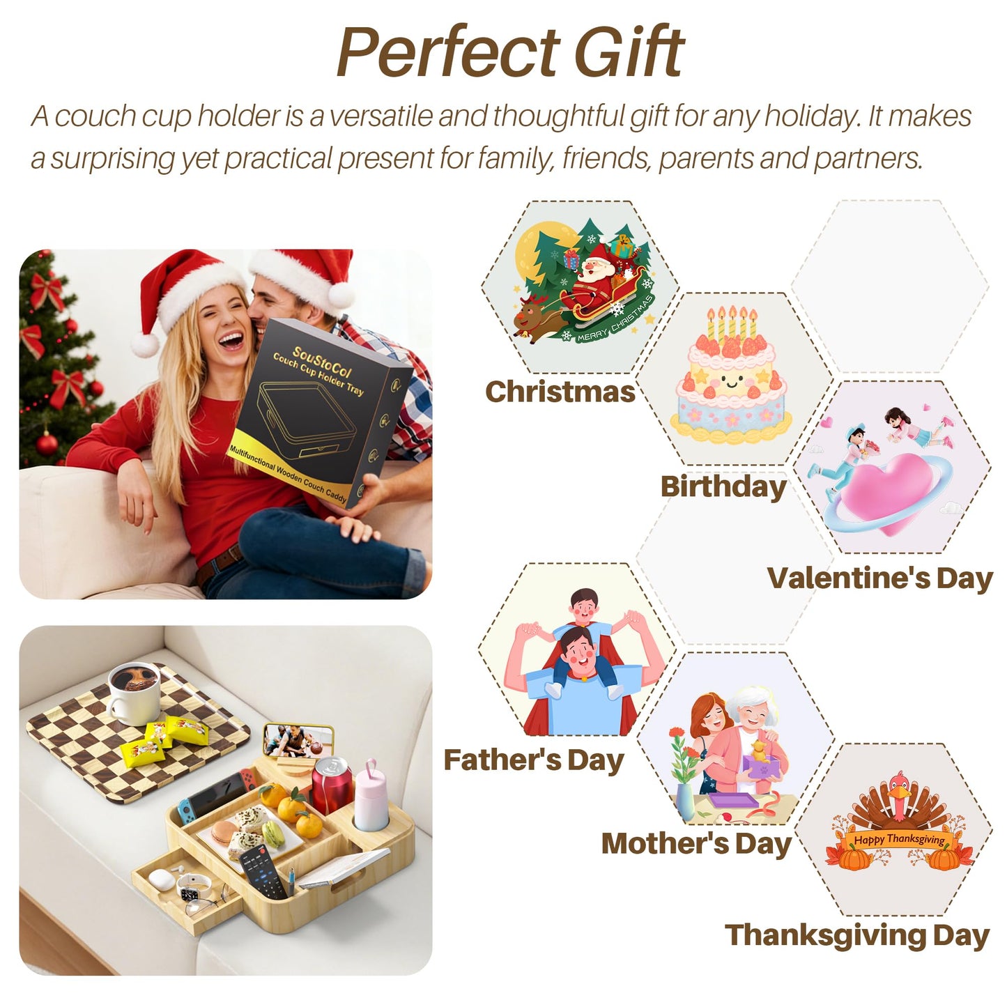 Couch Cup Holder, Checkered Couch Tray Cup Holder Sofa Tray, Large Capacity 2-Tier Wooden Trays with Drawer for Sofa, Bed, Picnic, Drinks, Remote, Cell Phone,TV Trays (Solid Pine Wood)12.5*12.5 in