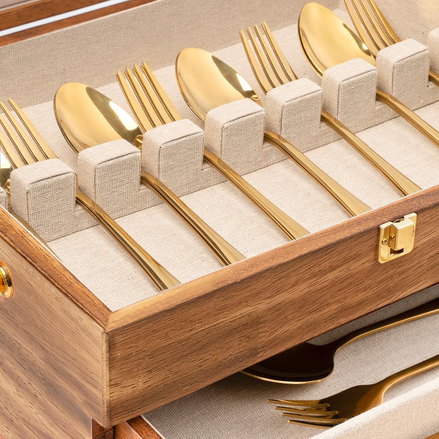 Yoimori Silverware Storage Box, 3-Layer Flatware Storage Case with Drawer, Wooden Silverware Chest with Handle and Linen Liner, Rustic Silverware Case for Storing Fine Flatware and Utensils (Brown)